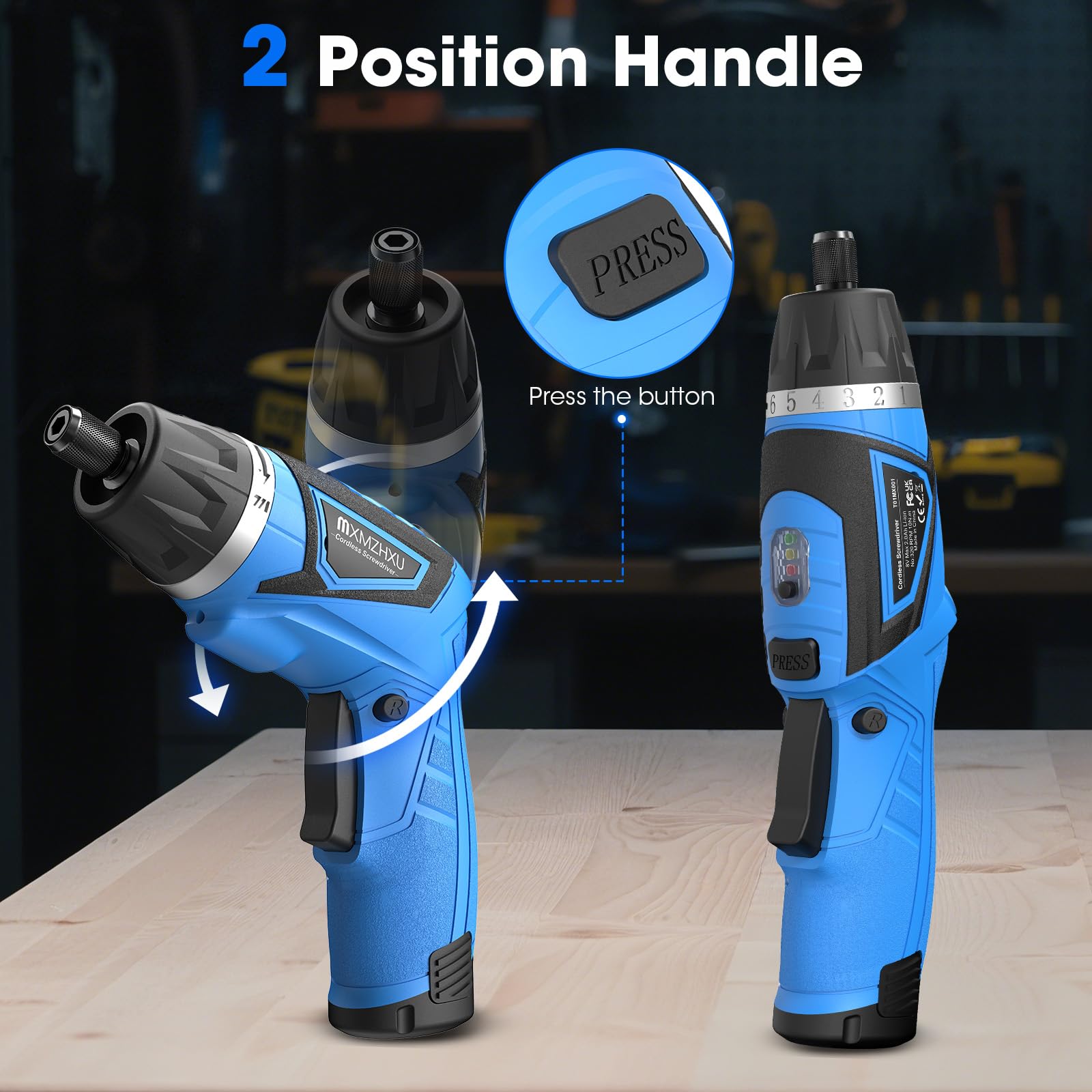 MXMZHXU cordless screwdriver with 2x 2000mAh batteries for continuous use.