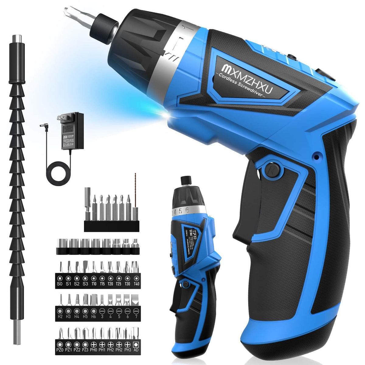 MXMZHXU 8V cordless screwdriver with pistol handle offers ergonomic driving for quick assemblies.
