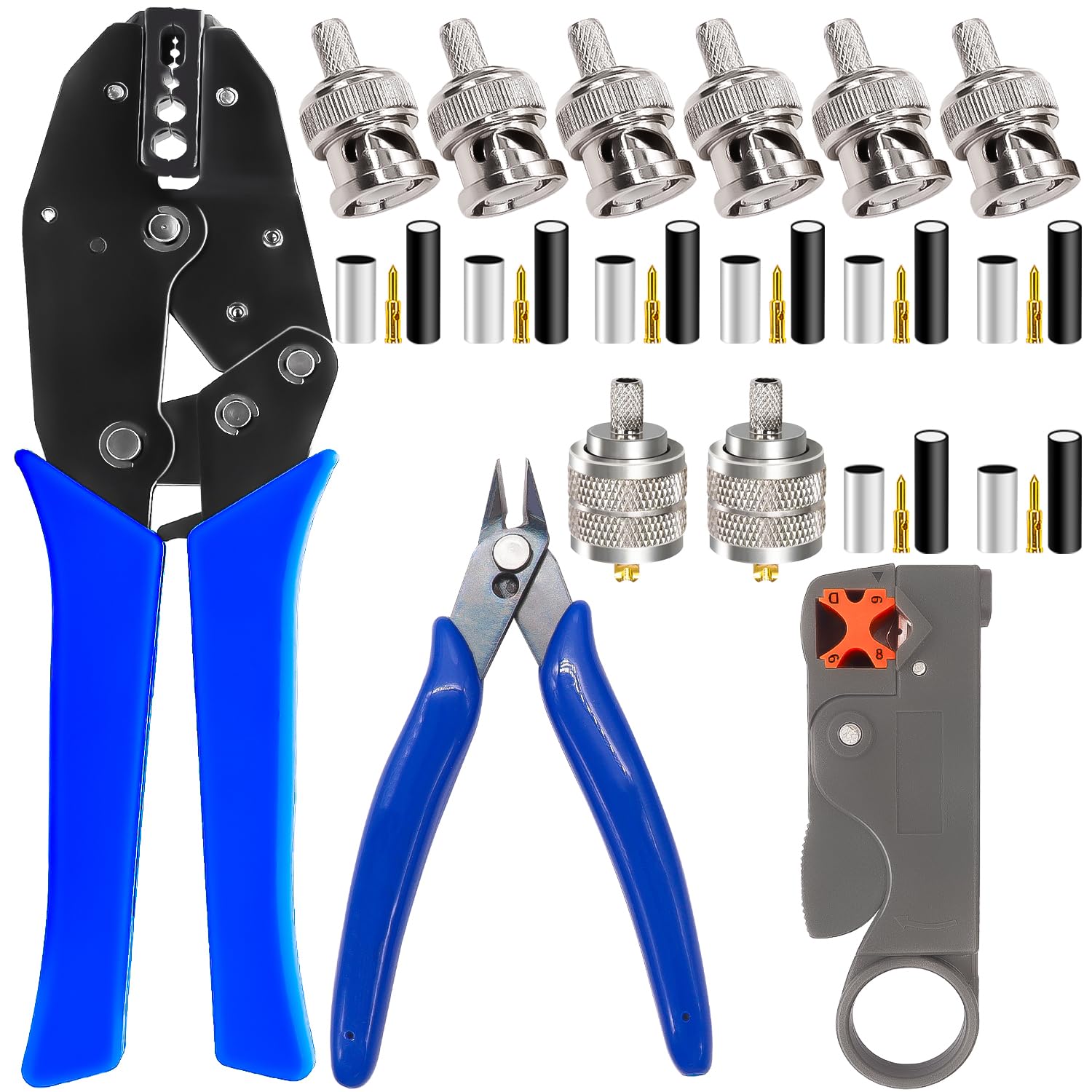 Mxuteuk coaxial tool kit with crimp tool for precise connections.