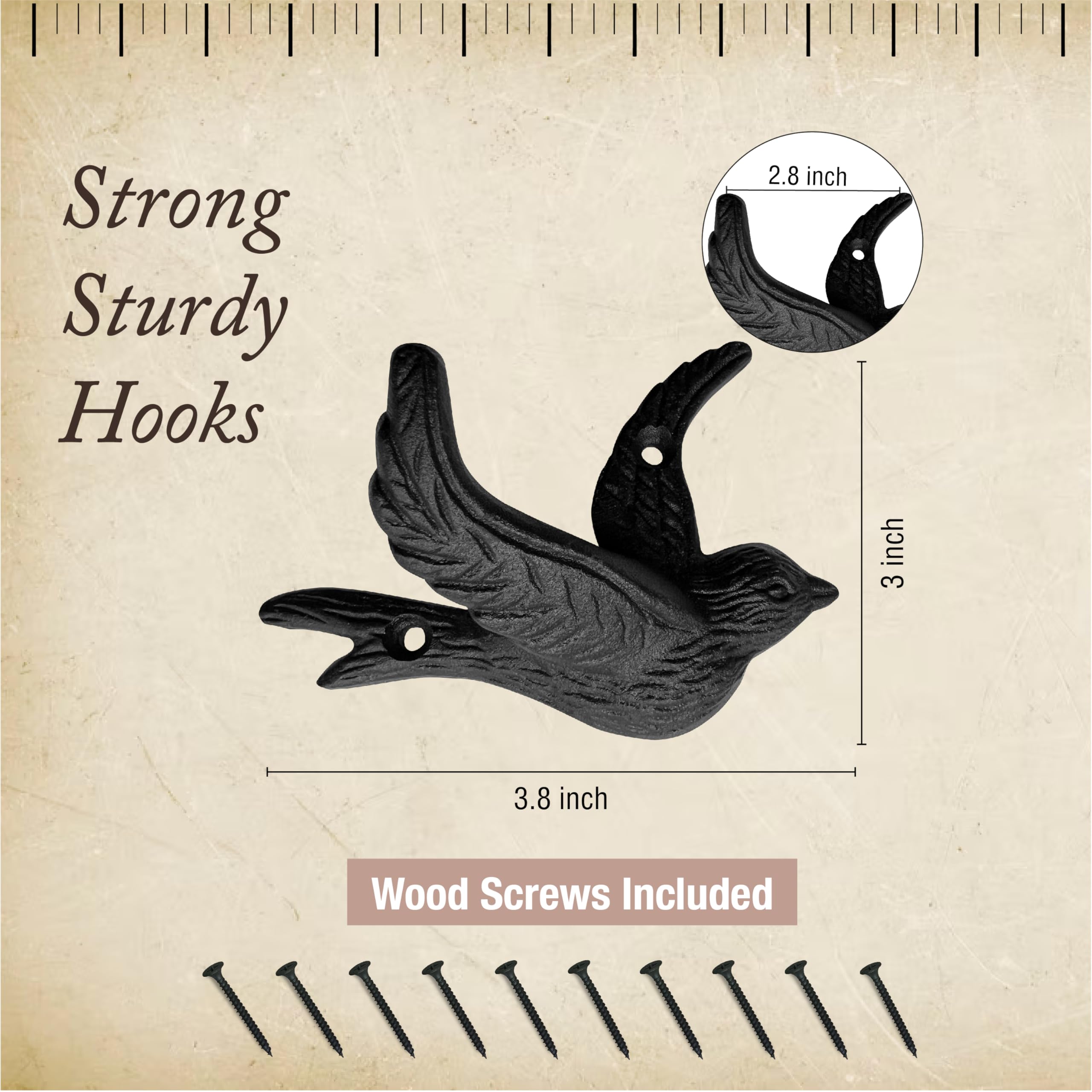 Close-up of antique black finish on My Fancy Farmhouse Flying Bird Hook