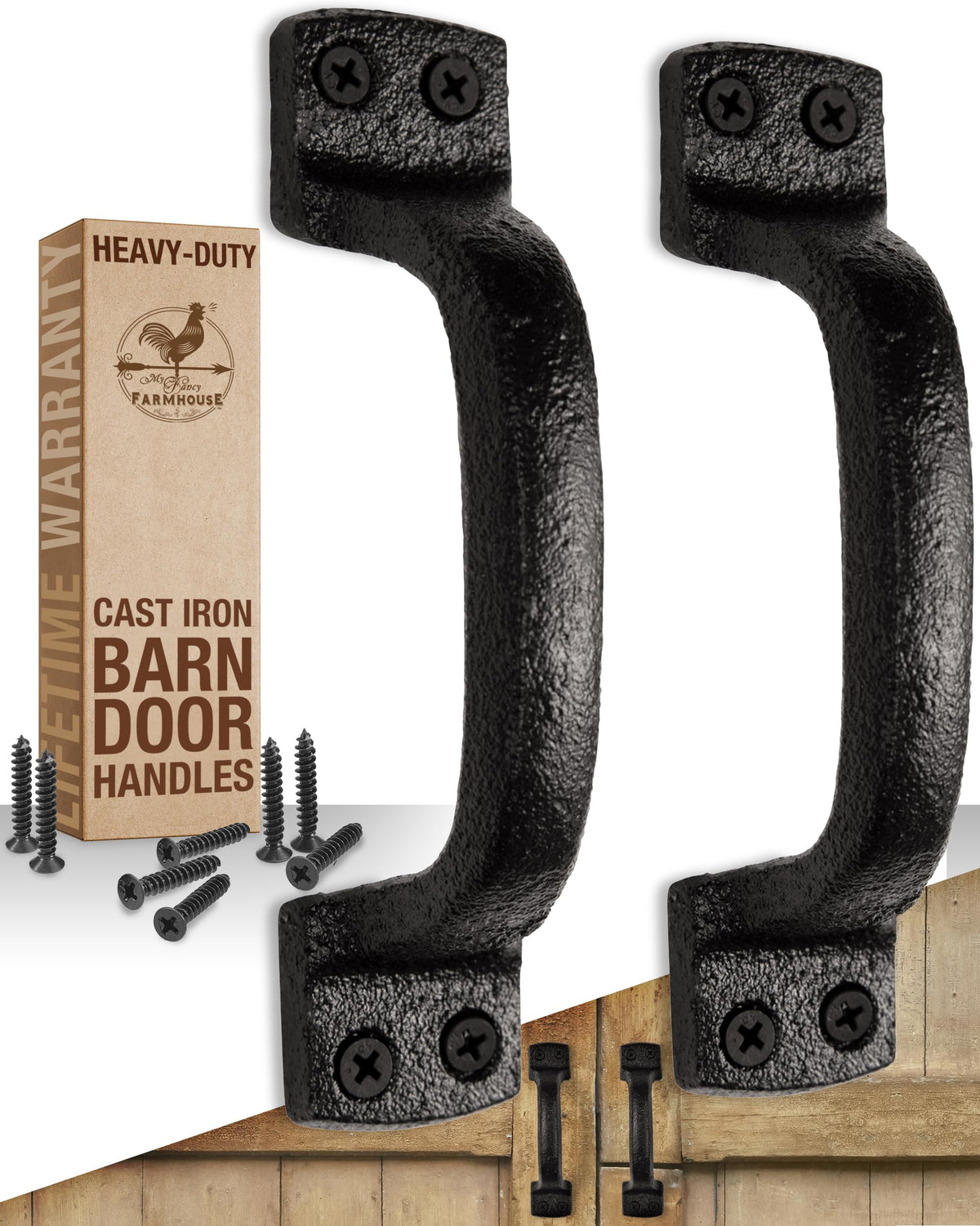 My Fancy Farmhouse rustic barn door handles, side view, sturdy black cast iron.