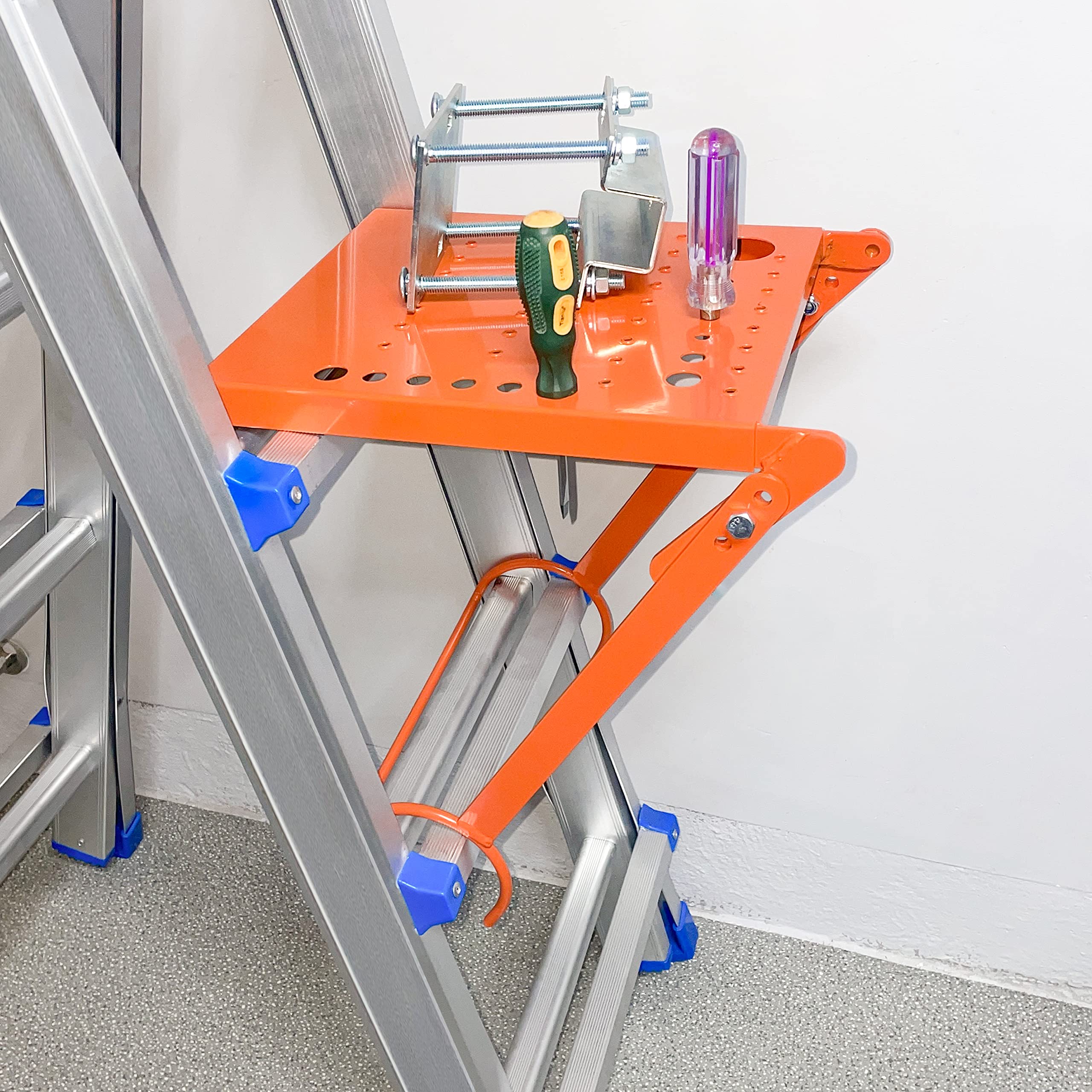 MY RUSTIC adjustable work platform fits various ladders for safer overhead tasks