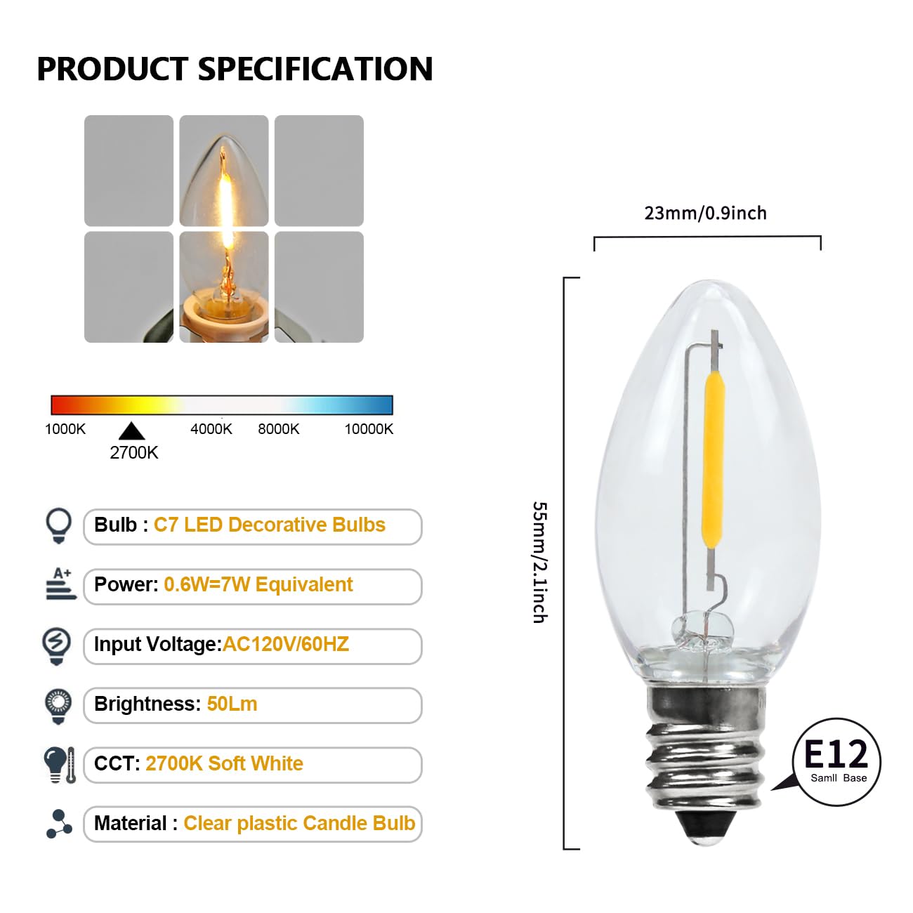 MYEMITTING white cord with C7 LED bulb closeup showing warm glow for cozy crafts.