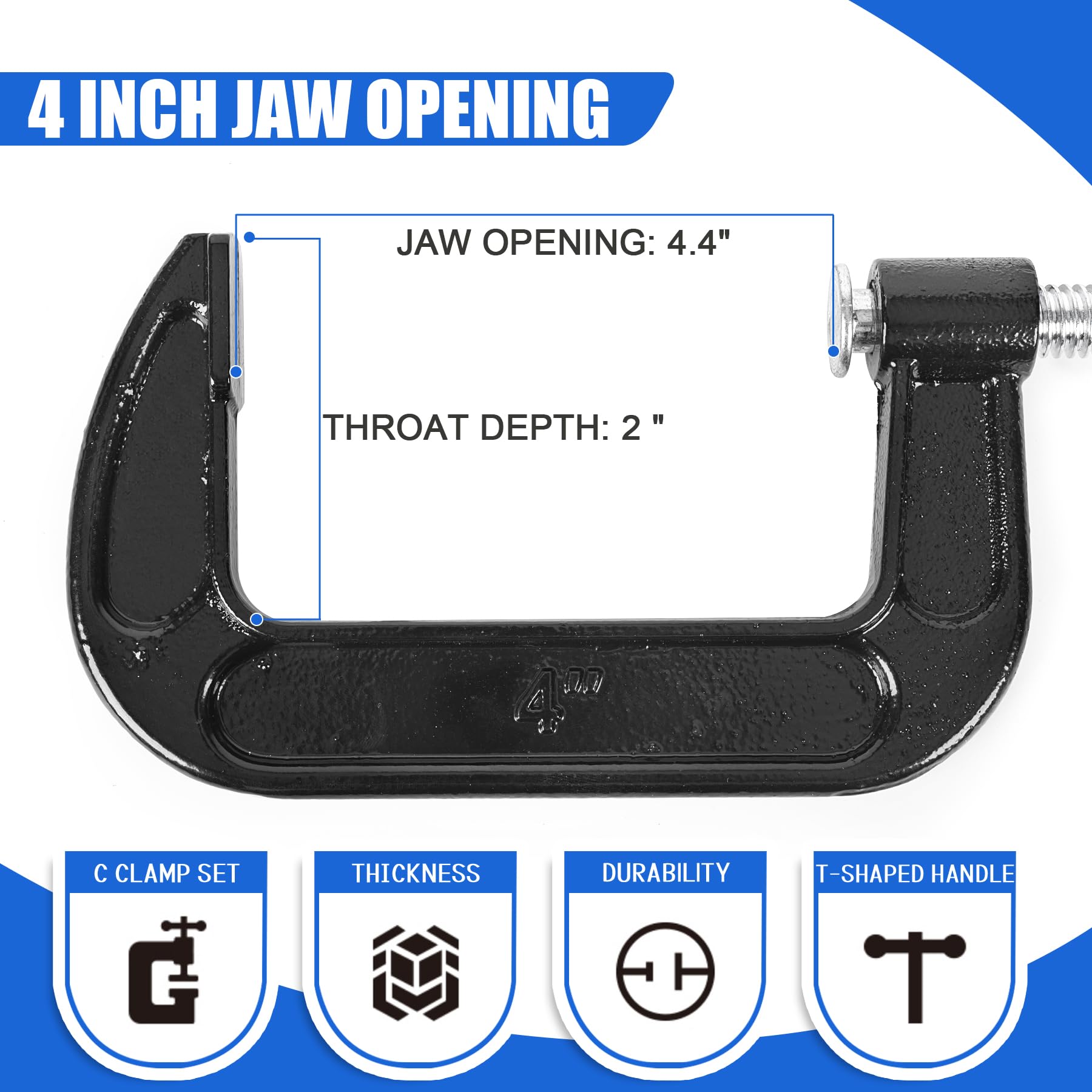 MYFAMIREA C-clamp with swivel jaw pad improves fit on uneven surfaces.