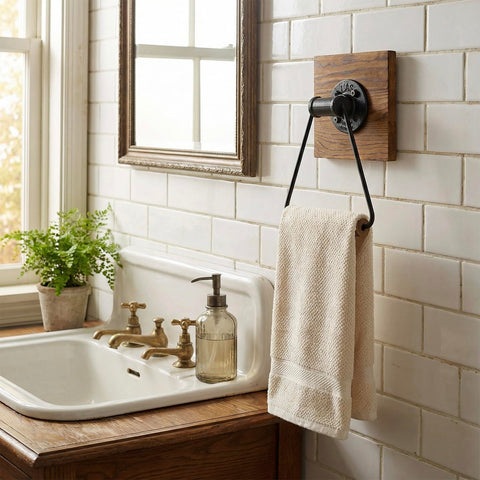 MyGift burnt wood back panel adds rustic warmth to a modern bathroom.