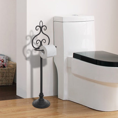 MyGift toilet paper holder in black metal base offers stable, upright storage.