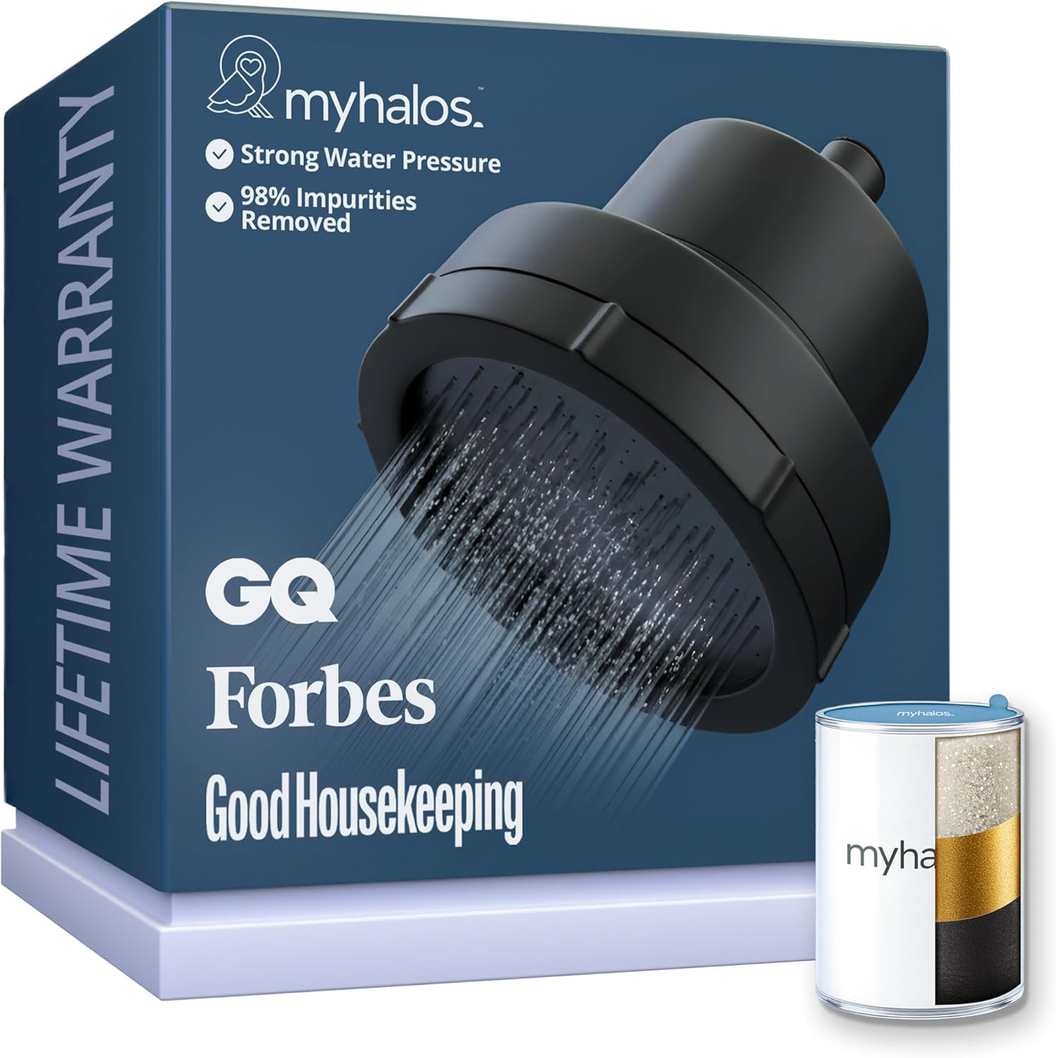 MyHalos filtered shower head in black finish for smoother skin