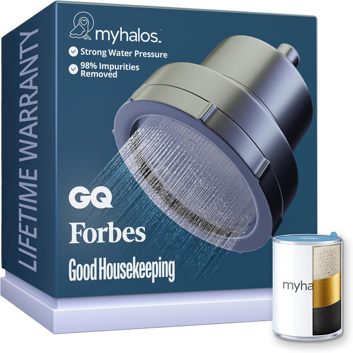 MyHalos filtered shower head with brushed metal finish for a modern look and feel