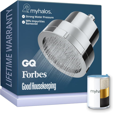 MyHalos filtered shower head in chrome focusing on hard water for smoother skin and hair feel