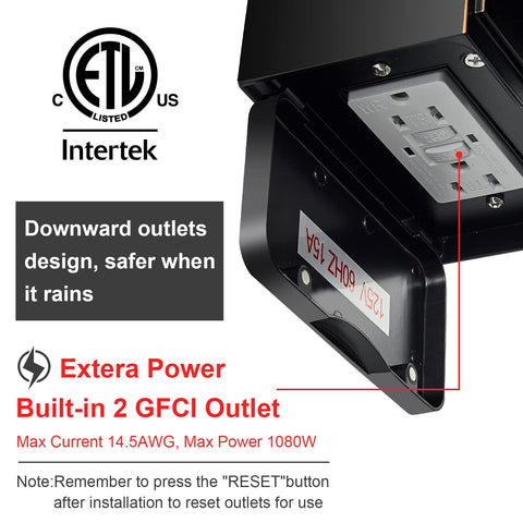 Myhaptim porch light GFCI outlets close-up, safe power for cameras and tools.