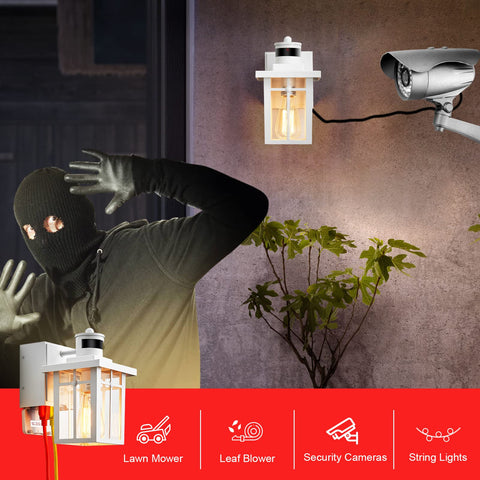 Myhaptim porch light powers cameras and decorations with built-in outlets.