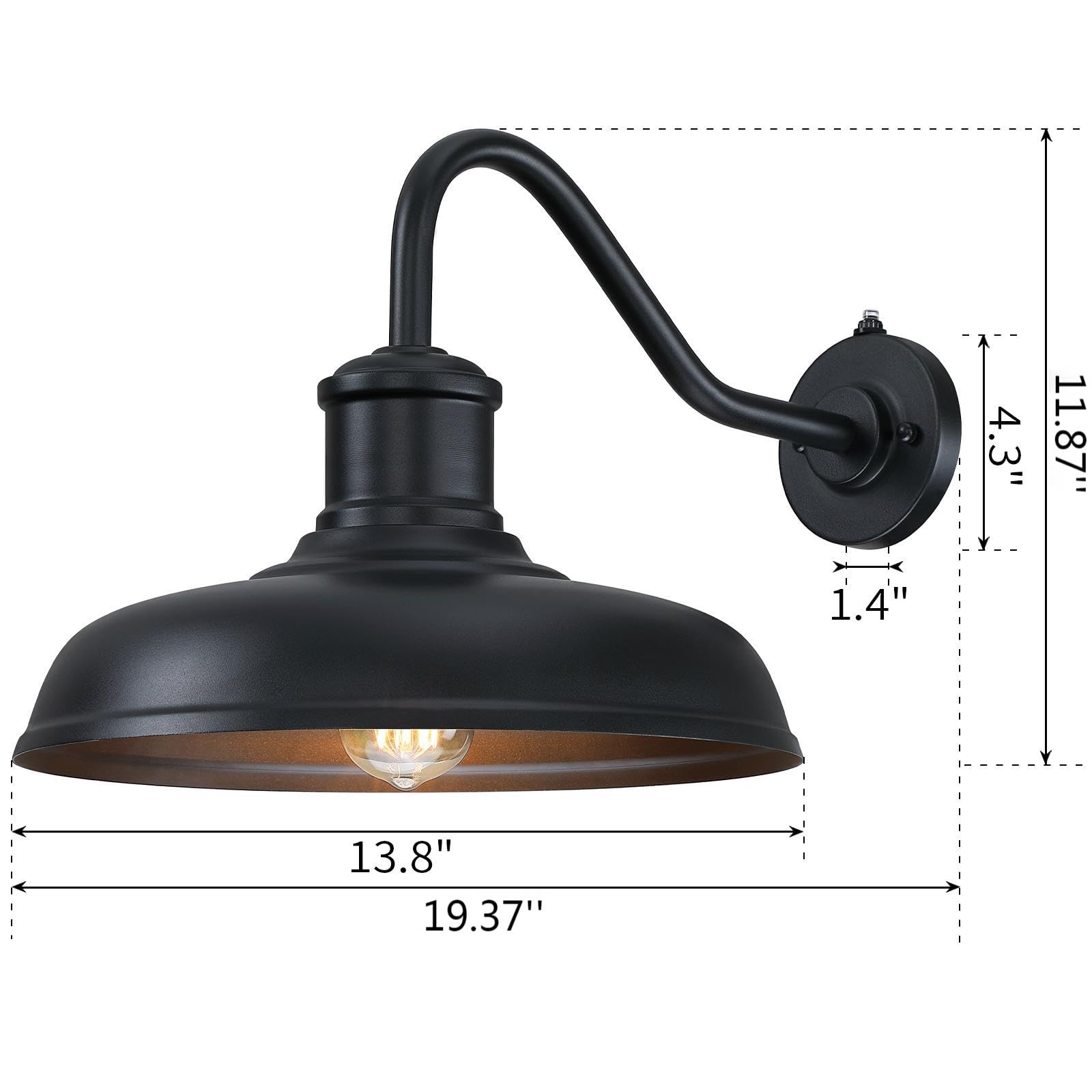 MYHXQ dusk-to-dawn barn light side profile showcases gooseneck silhouette and reach