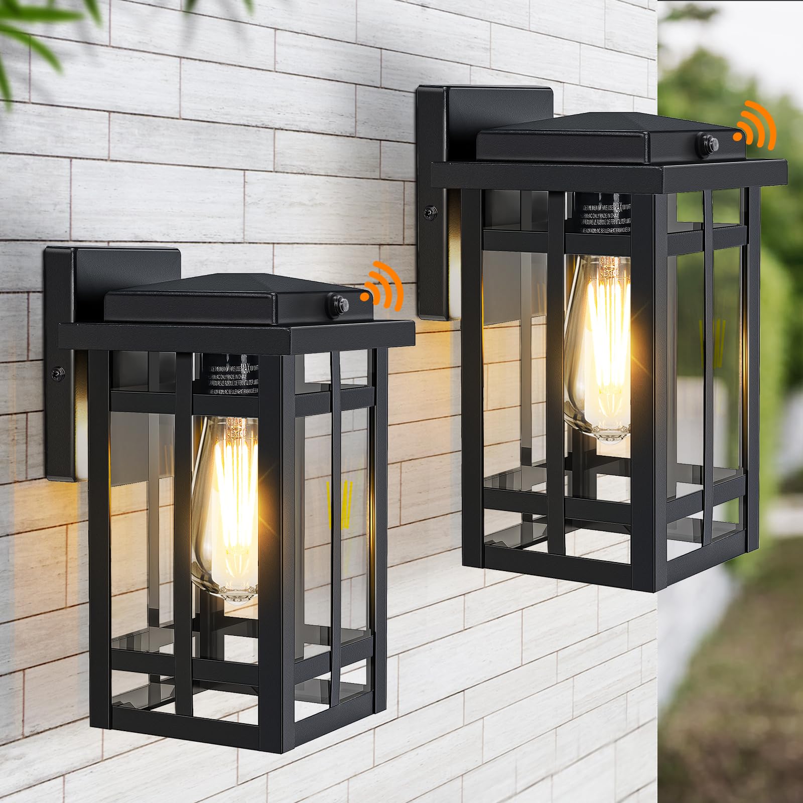 MYHXQ dusk-to-dawn wall light front view with tempered glass shade for porch.