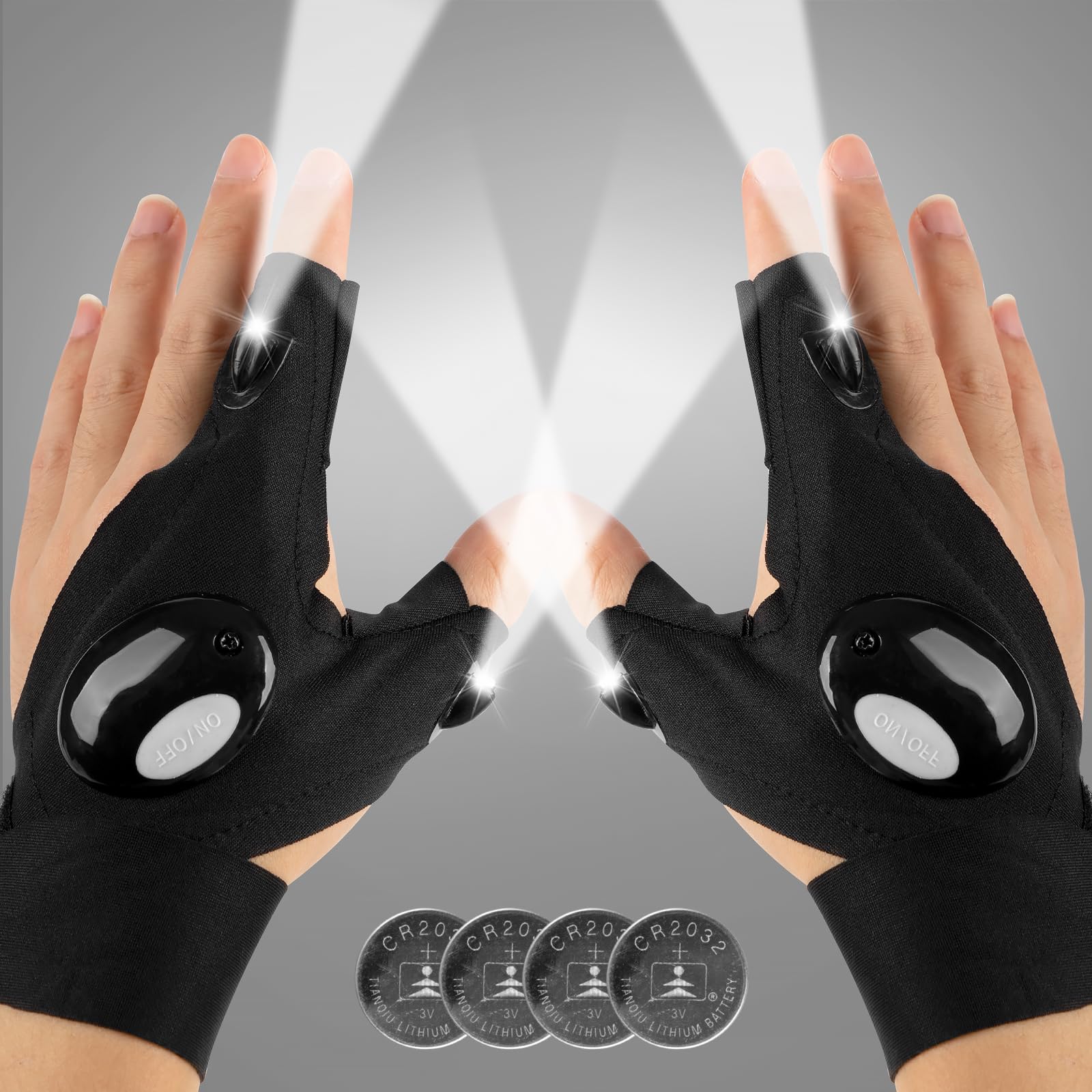 Mylivell Handsfree LED Gloves with index and thumb LEDs for precise dark-work illumination.