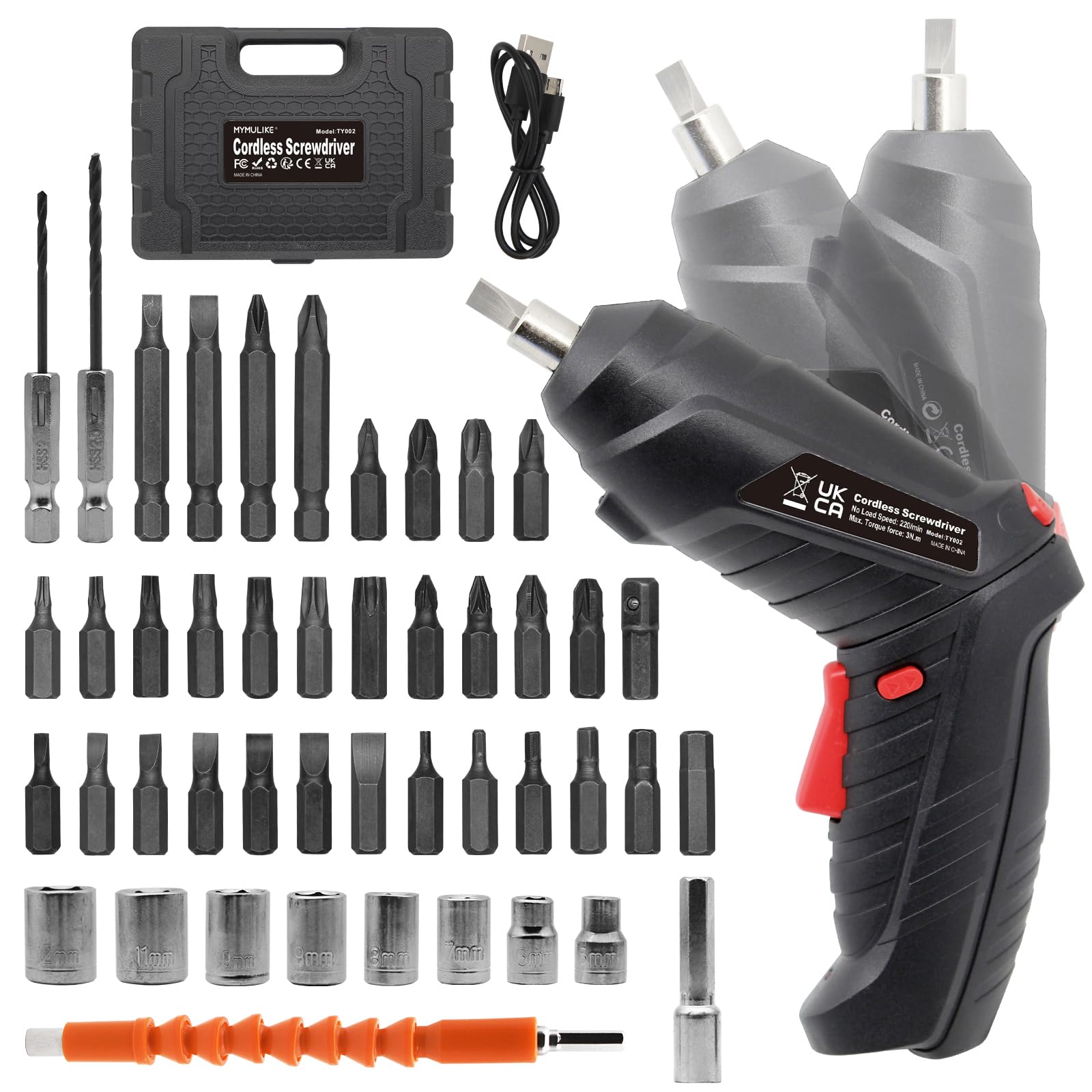 MYMULIKE cordless screwdriver front view shows compact design for effortless furniture assembly.