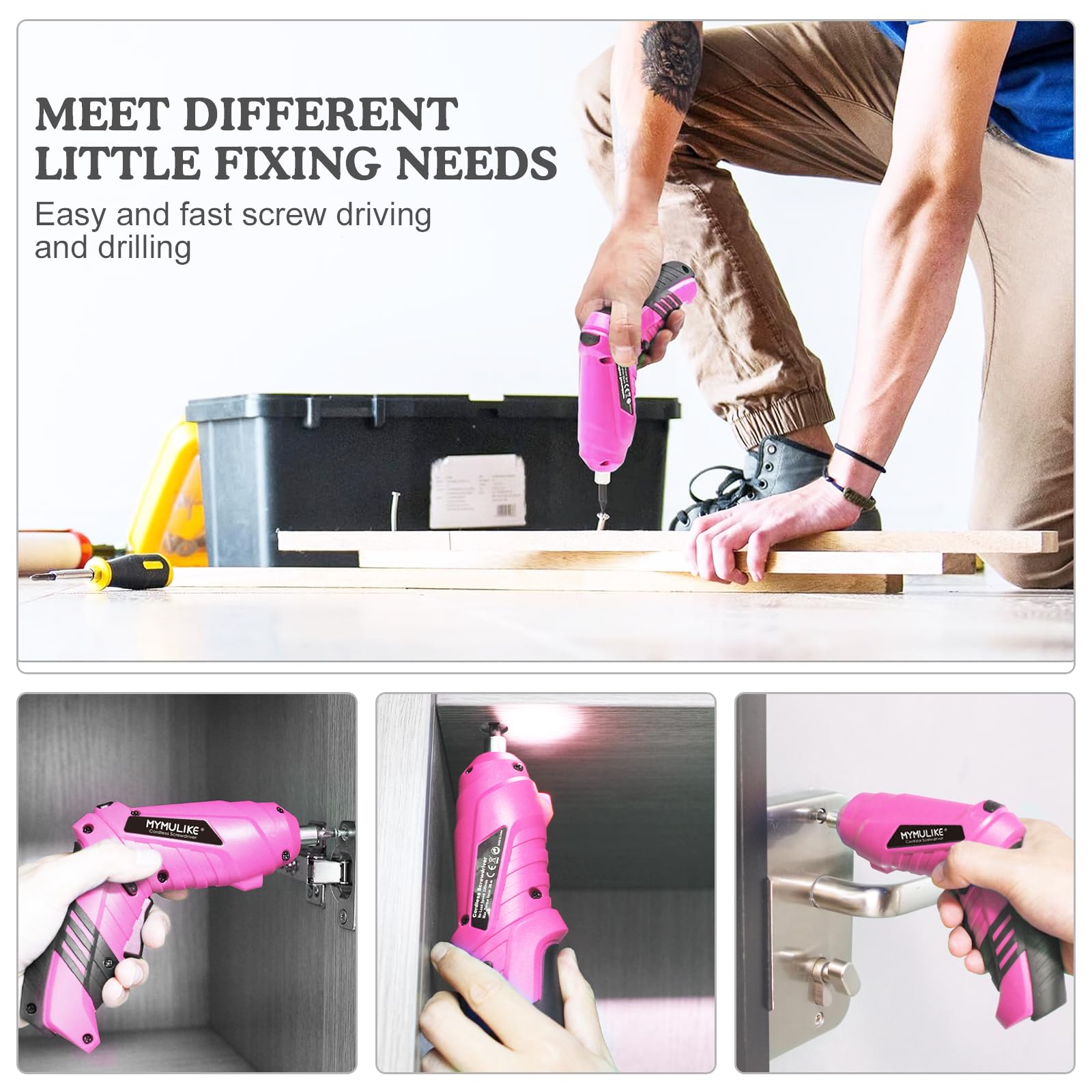 MYMULIKE cordless screwdriver LED light illuminates dark work areas.