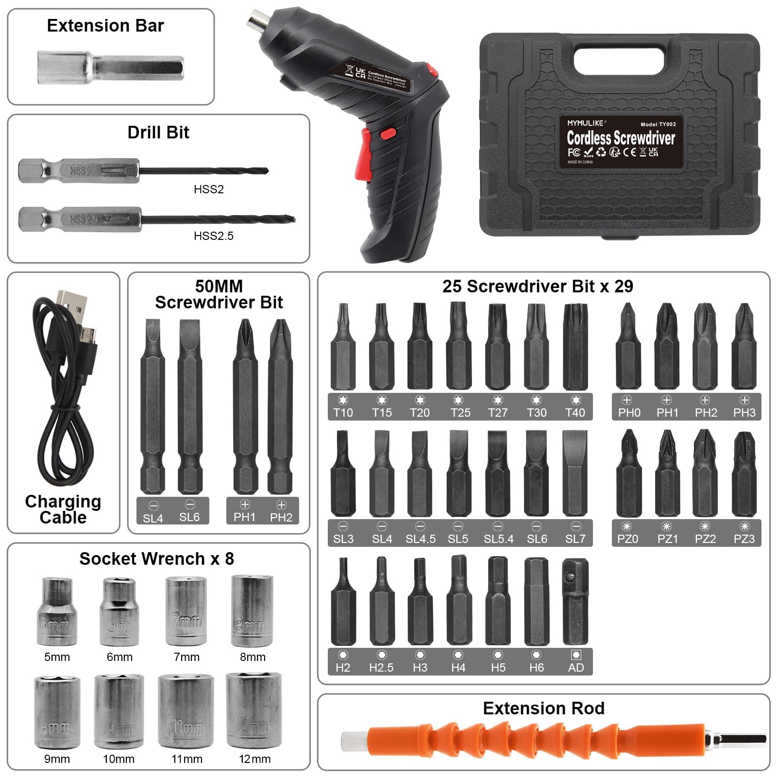 MYMULIKE cordless screwdriver LED light helps you work in dark or confined areas.