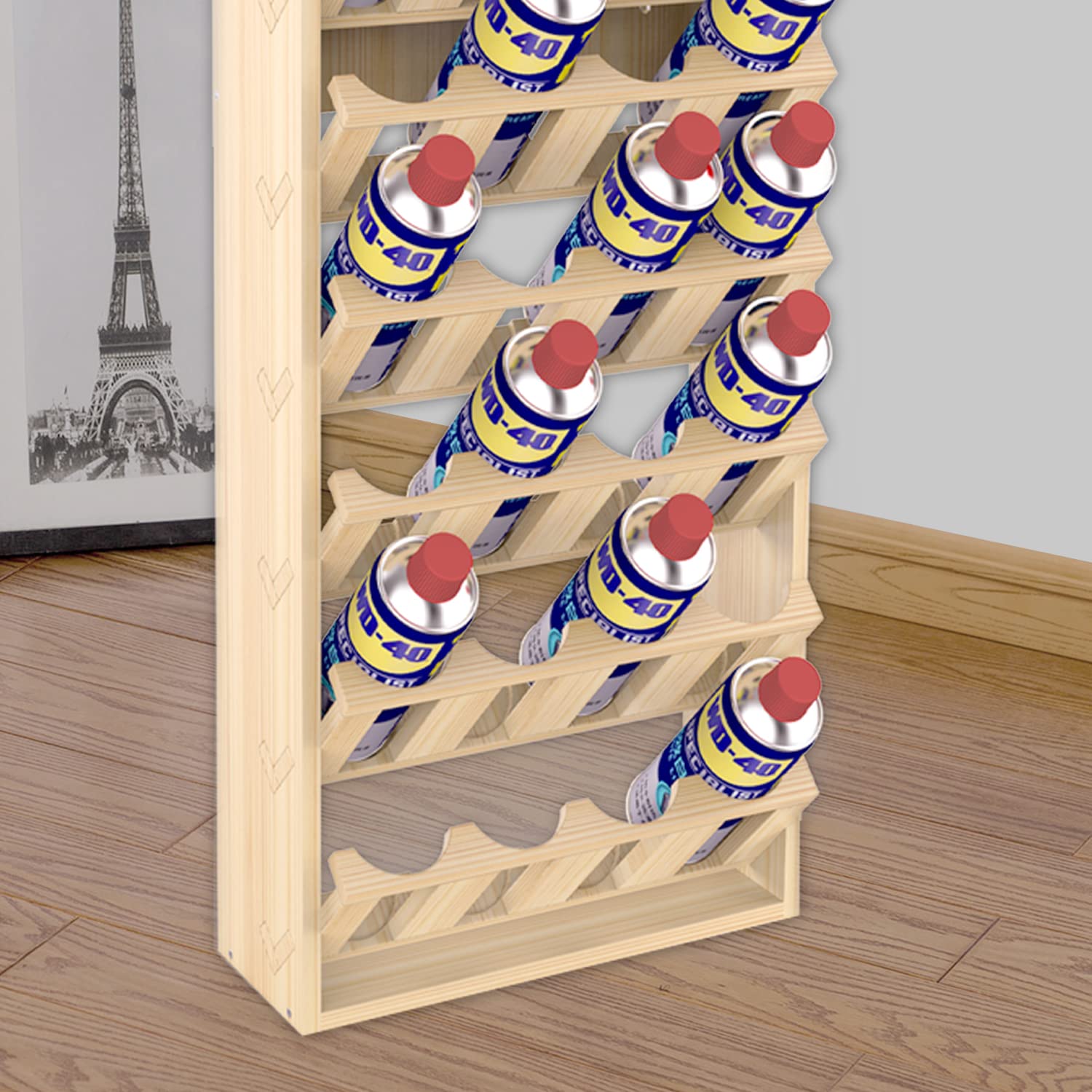 Space-saving layout helps organize tools, paints, and bottles.