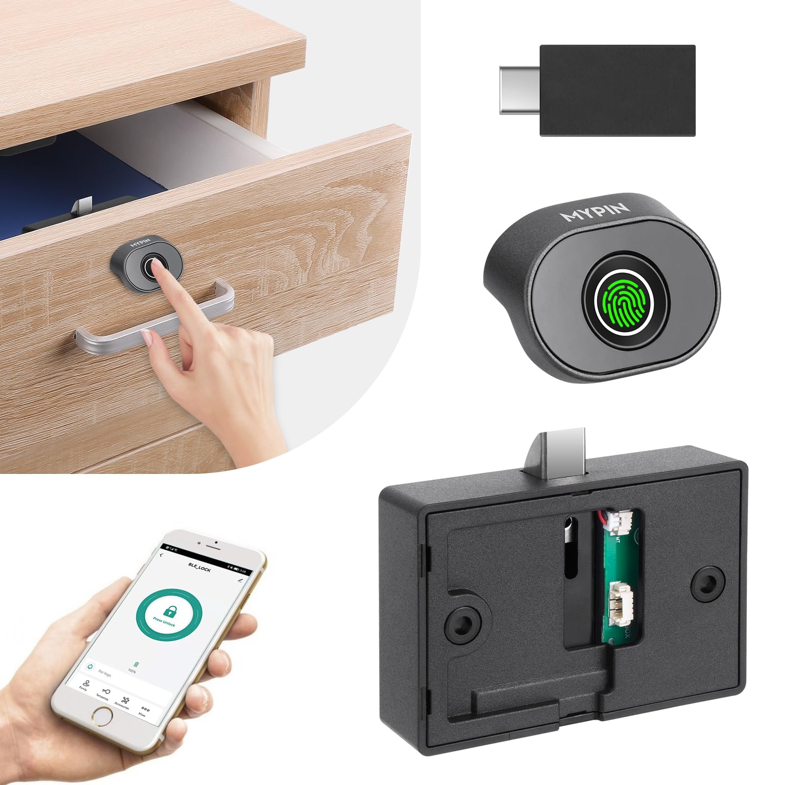 MYPIN Bluetooth fingerprint cabinet lock front view highlighting quick unlock