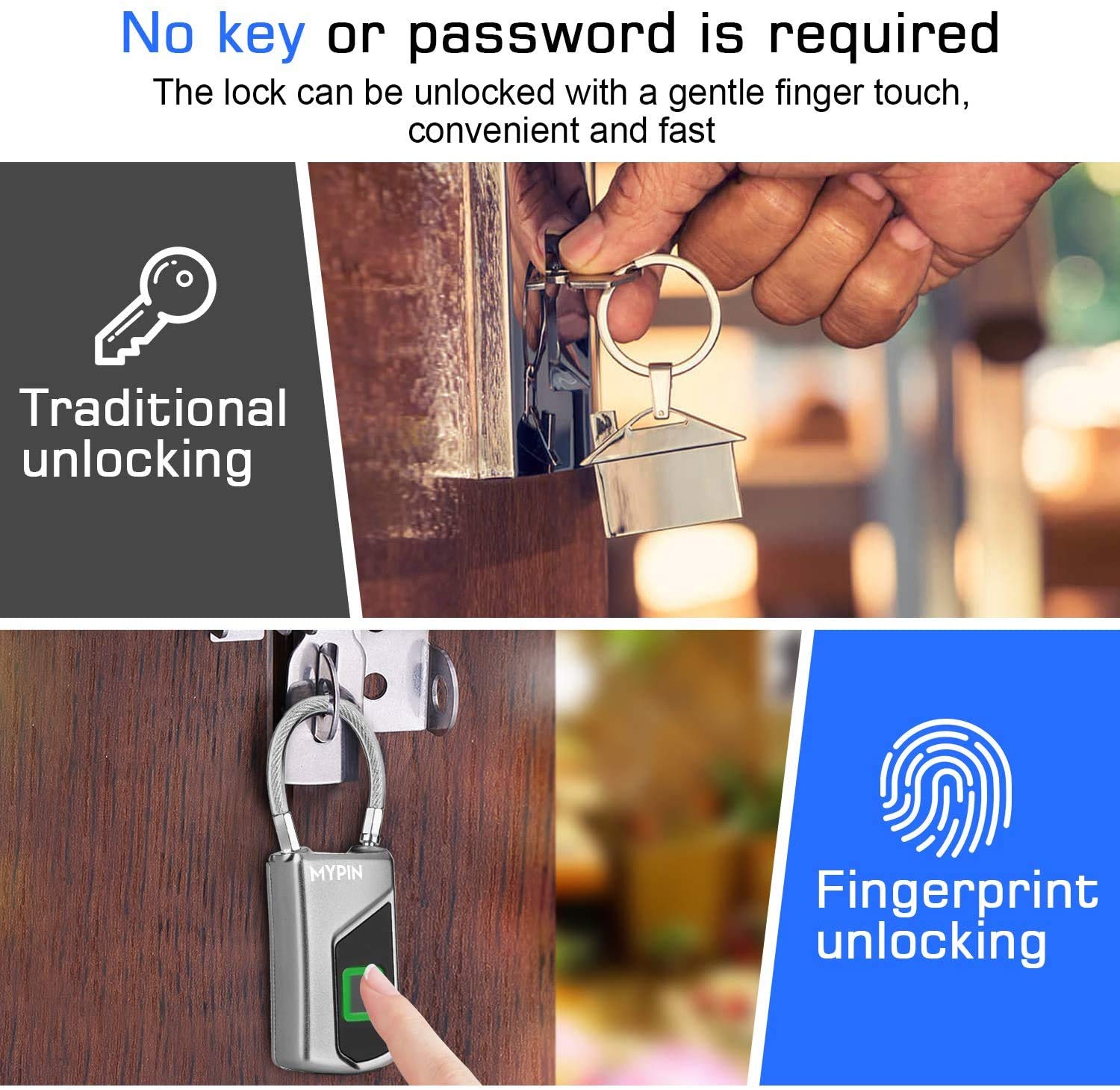 MYPIN fingerprint lock with key backup highlighting emergency access option