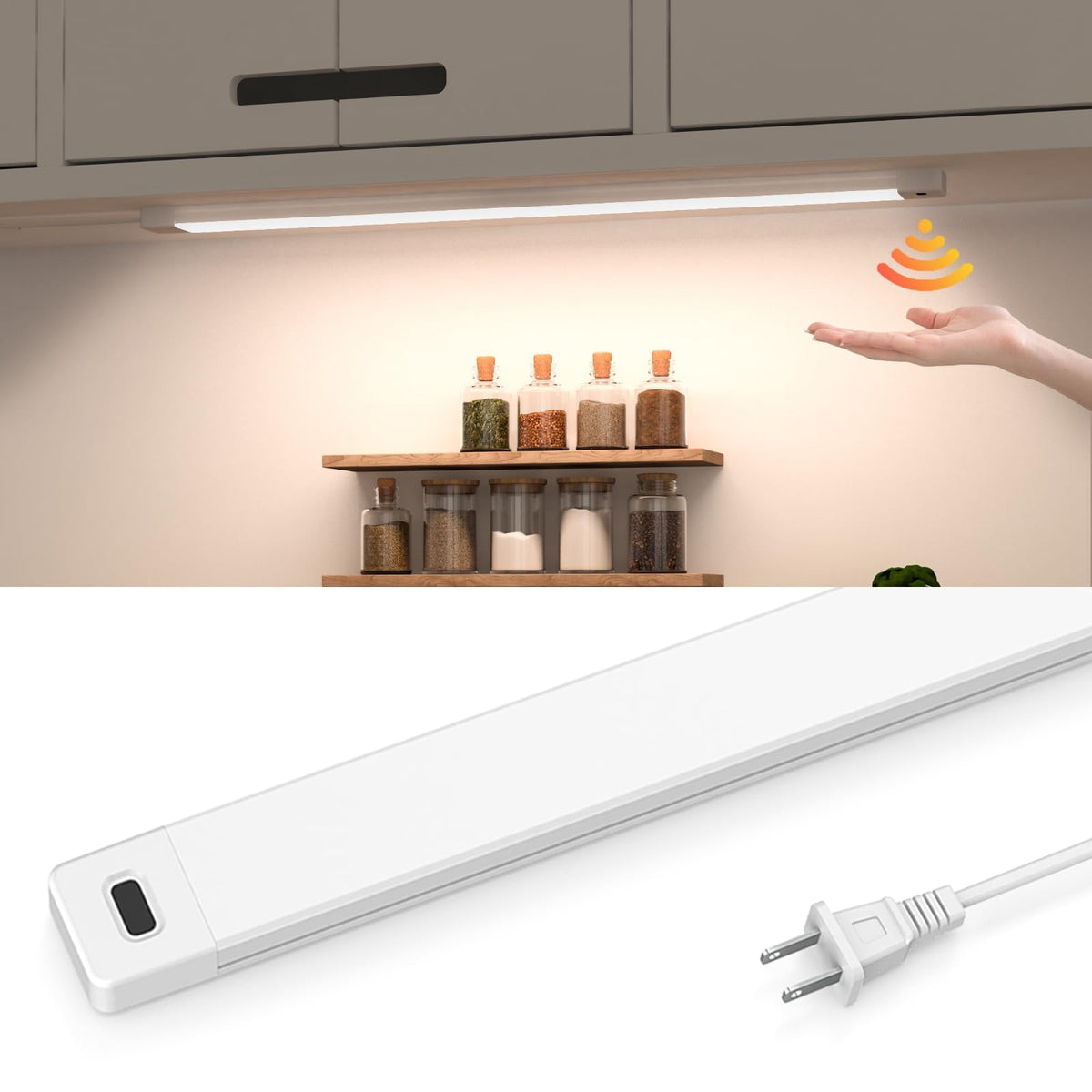 MYPLUS 16-inch under-cabinet light with hand-wave activation for hands-free kitchen illumination.