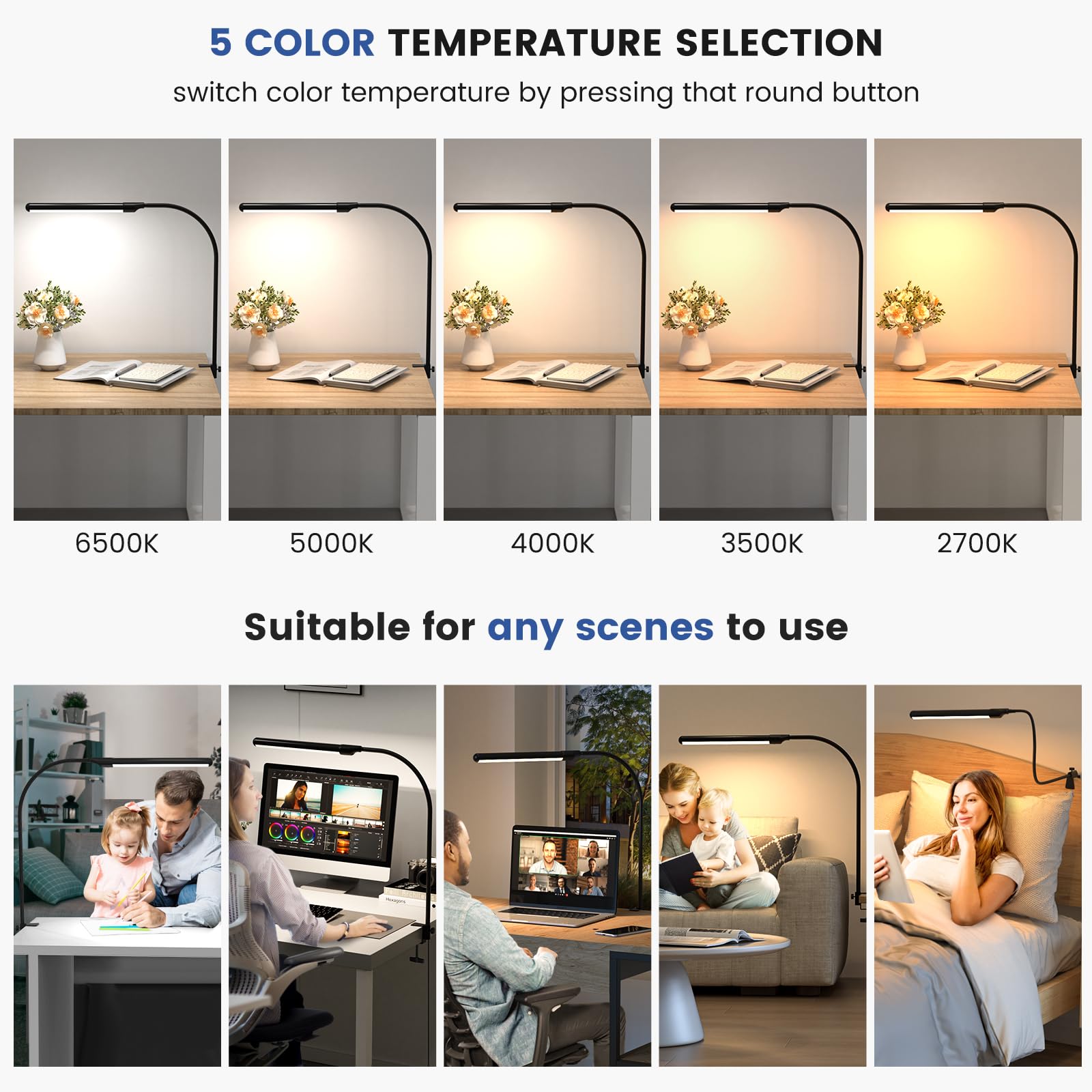 MYPLUS clip-on desk light mounted on desk edge for versatile workspace lighting