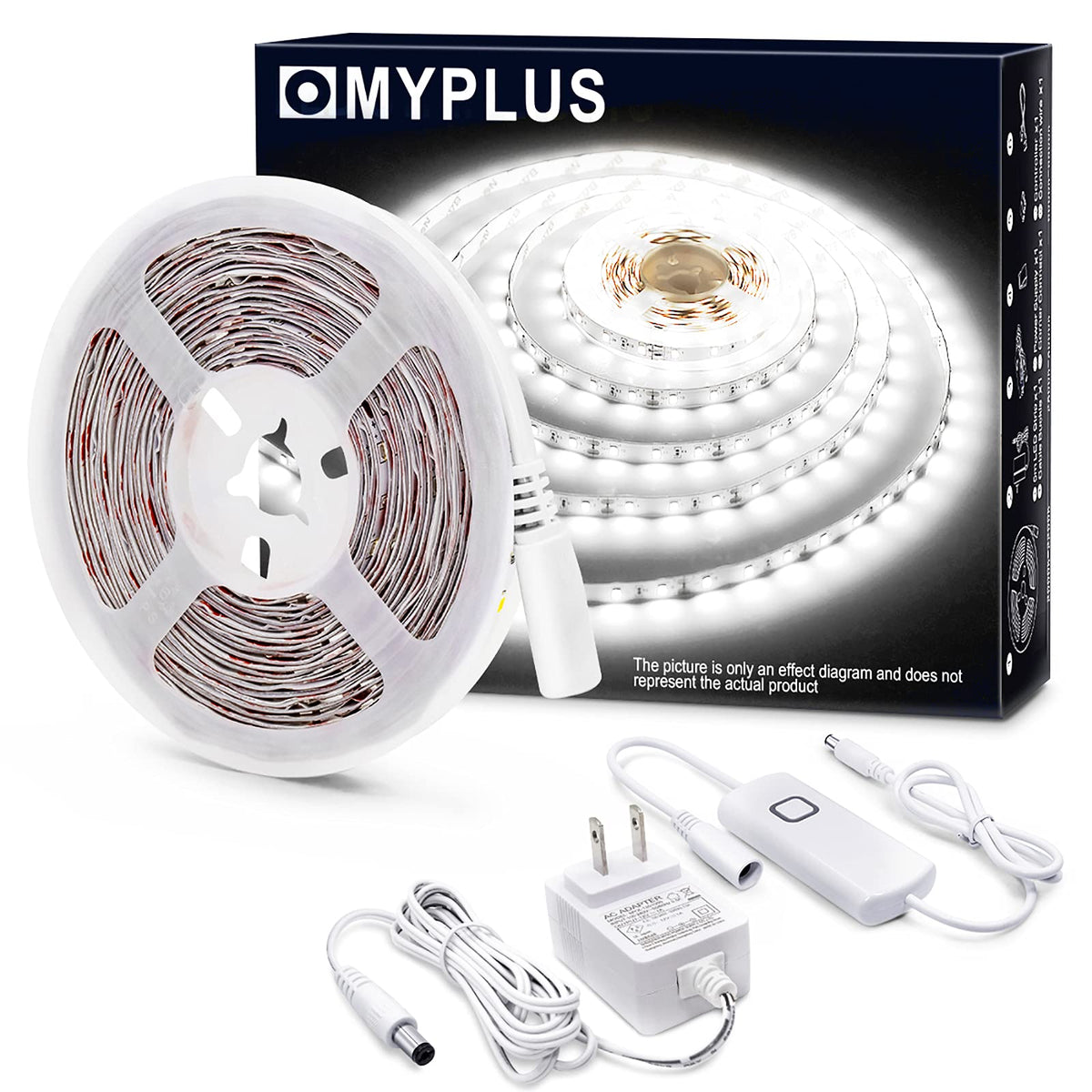MYPLUS LED strip lights illuminate vanity mirror with bright daylight for makeup tasks.