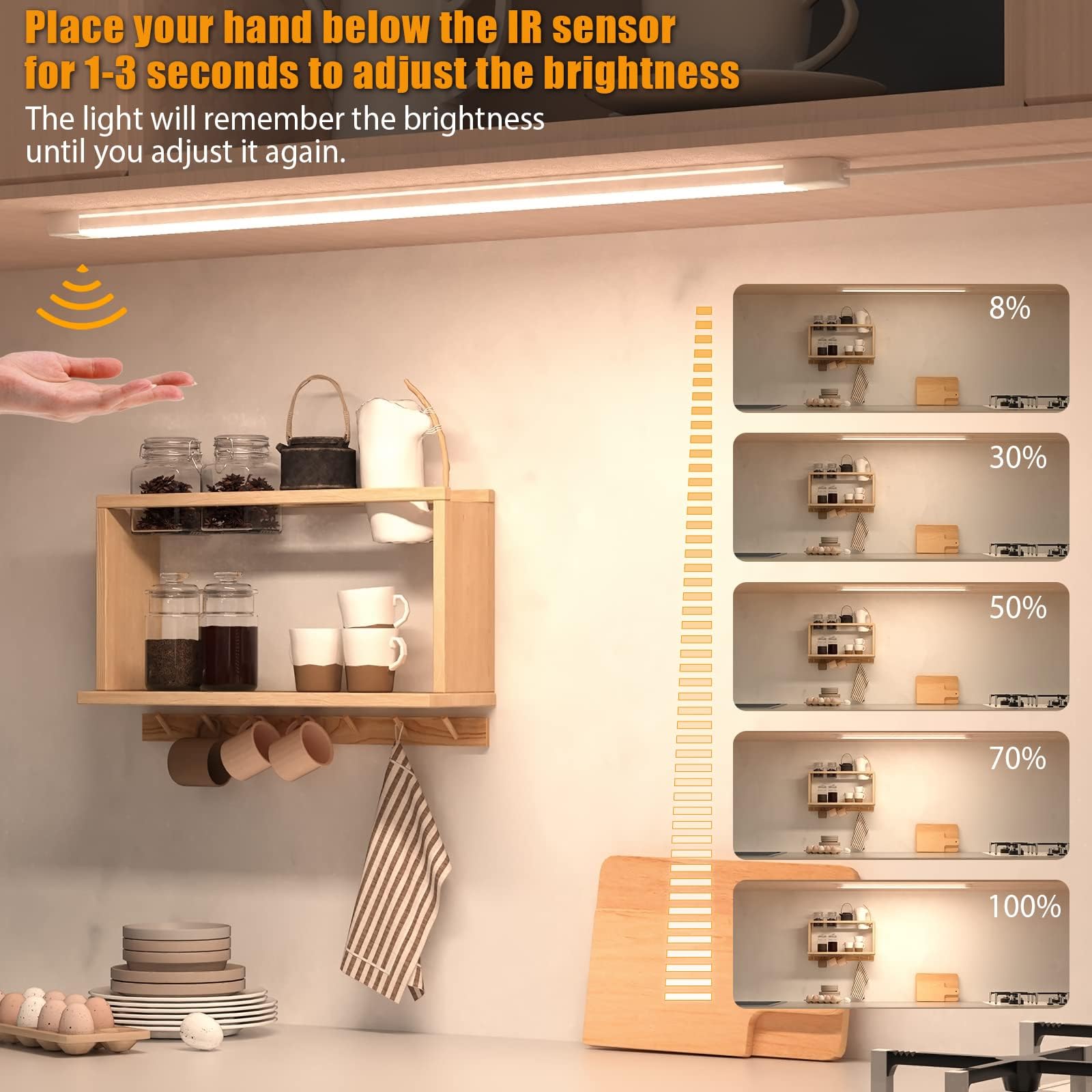 MYPLUS plug-and-play under-cabinet light installs quickly and tool-free.