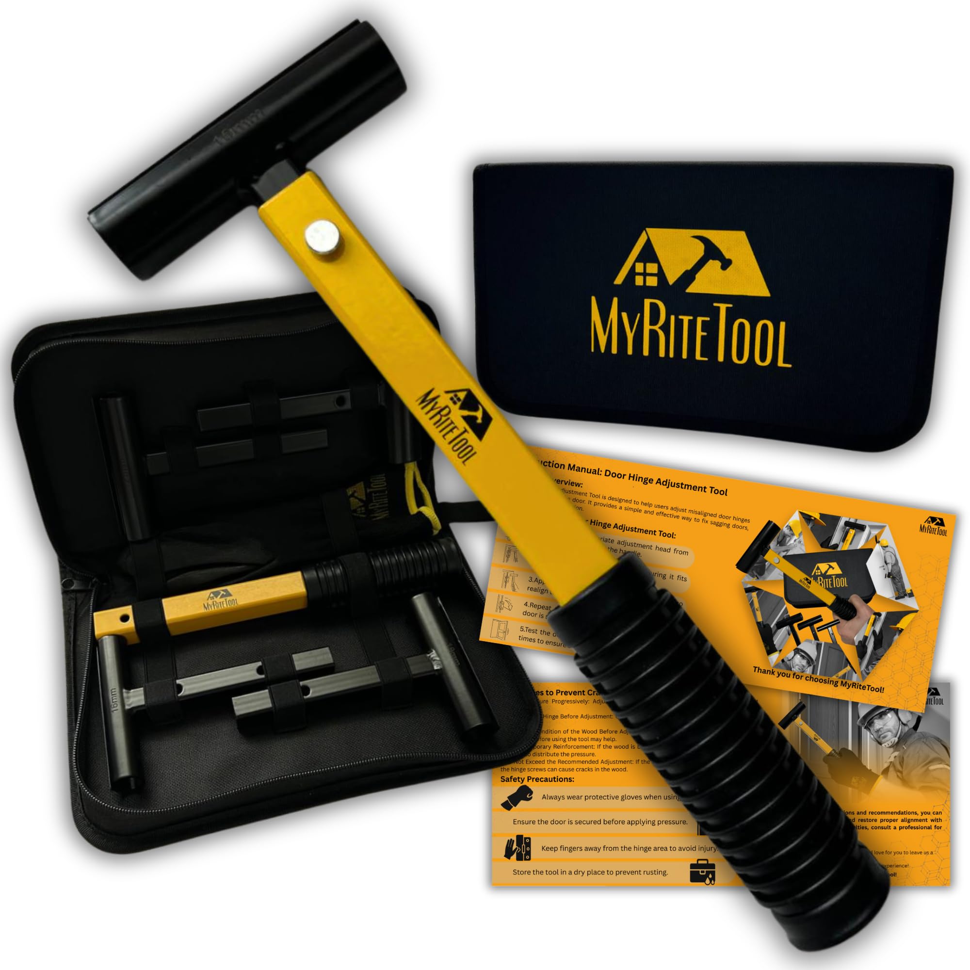 MyRiteTool hinge adjustment kit demonstrates universal fit for smooth door alignment.