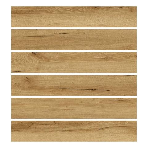 Mysflosy wood-look plank 6x36 inches in blonde oak, ideal for room transitions.