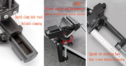 Base clamp on MYTEC bench vise accommodates up to 4 inches of bench thickness.