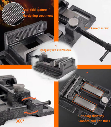 MYTEC Drill Press Vise mounted on workbench demonstrates stable support.