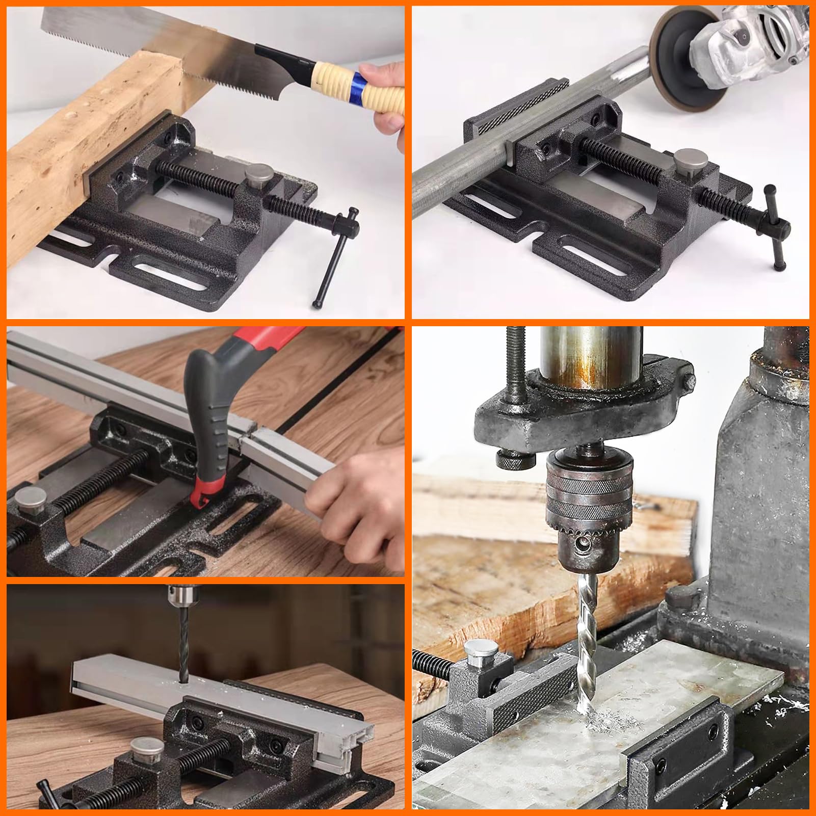 MYTEC Drill Press Vise package content includes bolts, gloves, and wrench for quick setup.