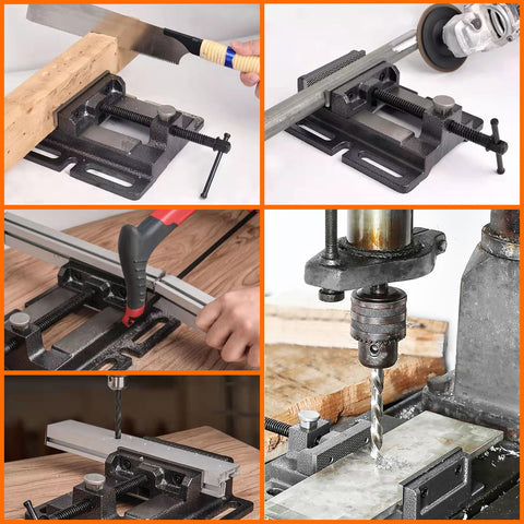 MYTEC Drill Press Vise package content includes bolts, gloves, and wrench for quick setup.