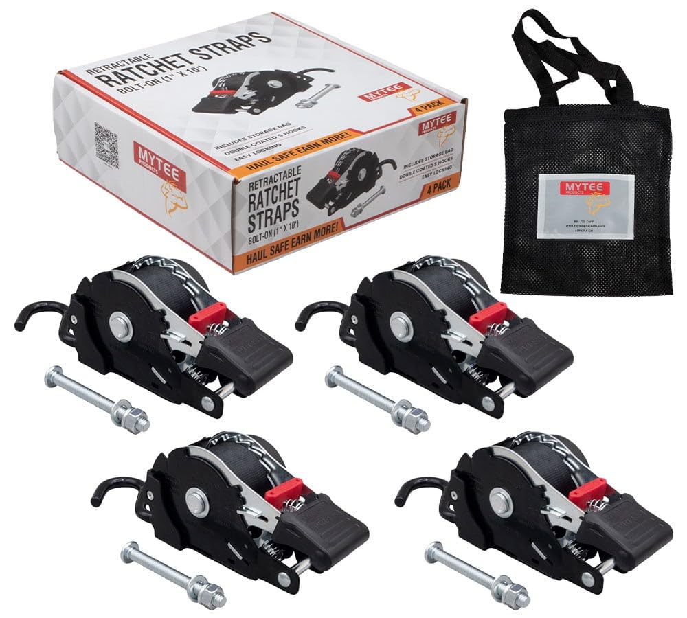 Mytee Bolt-On Retractable Strap Assembly shown for quick, secure mounting on trailers.