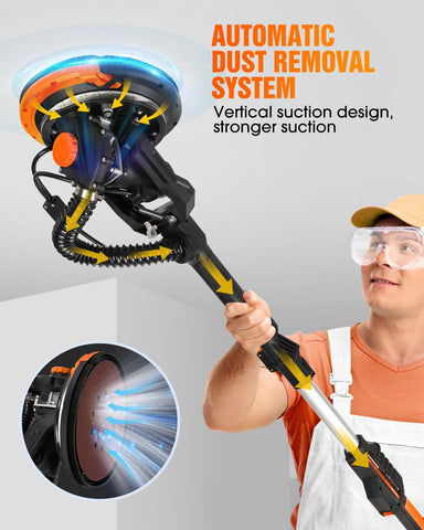MYTOL drywall sander extended to reach high walls with adjustable extension rod