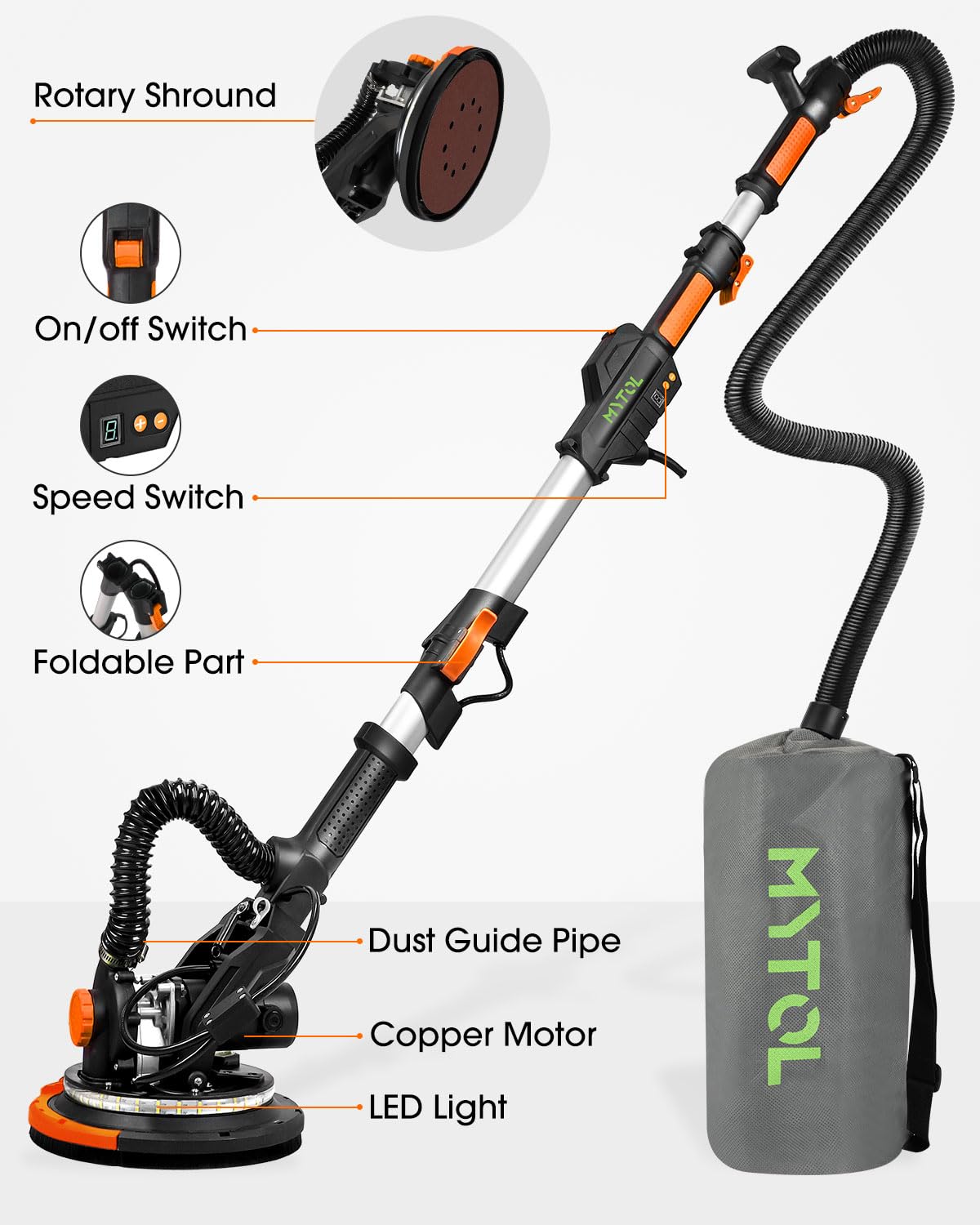 MYTOL drywall sander folded for compact storage with extendable handle