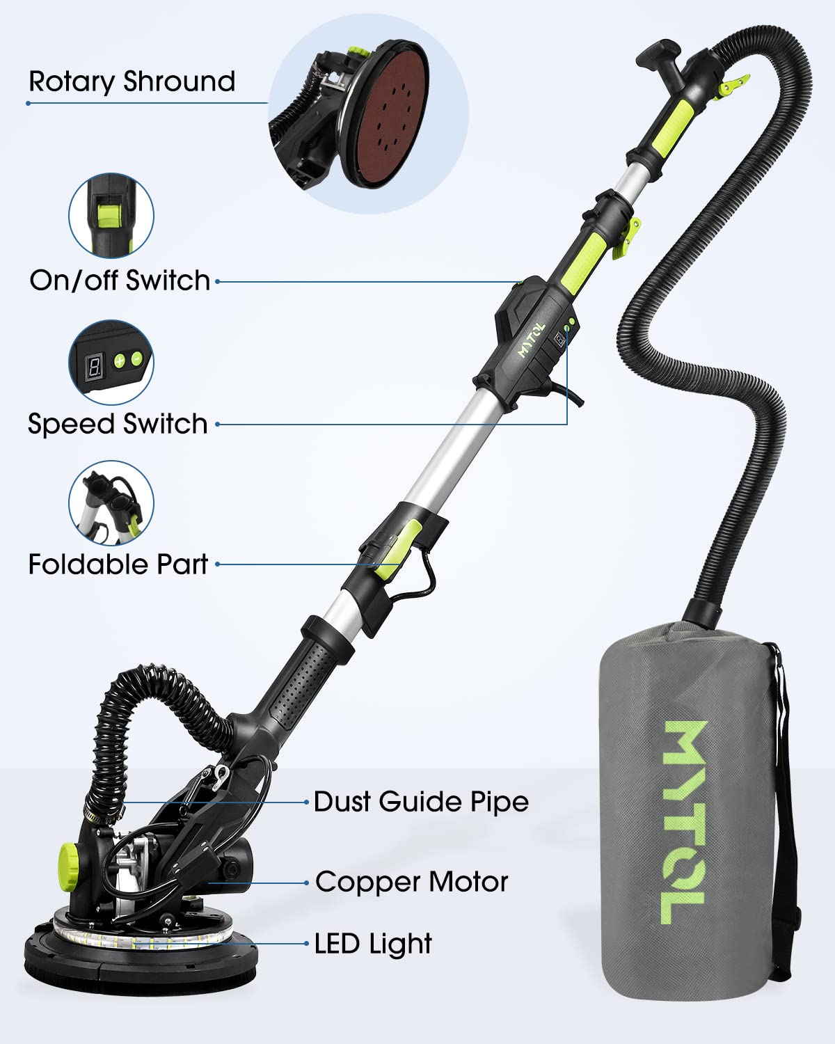 MYTOL drywall sander with LED light highlights details in low-light tasks and ensures precision
