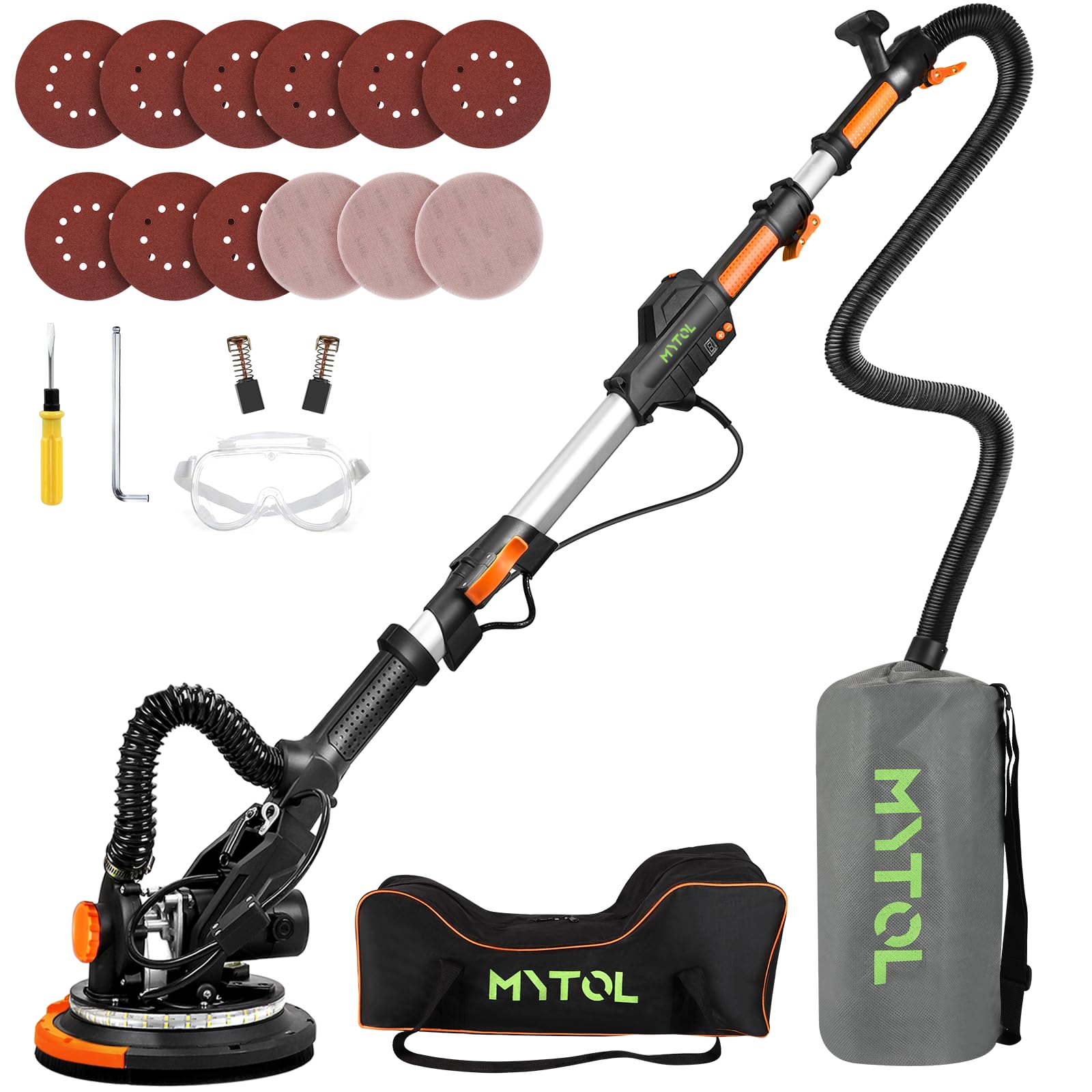 MYTOL drywall sander with vacuum bag and LED lighting for precise sanding