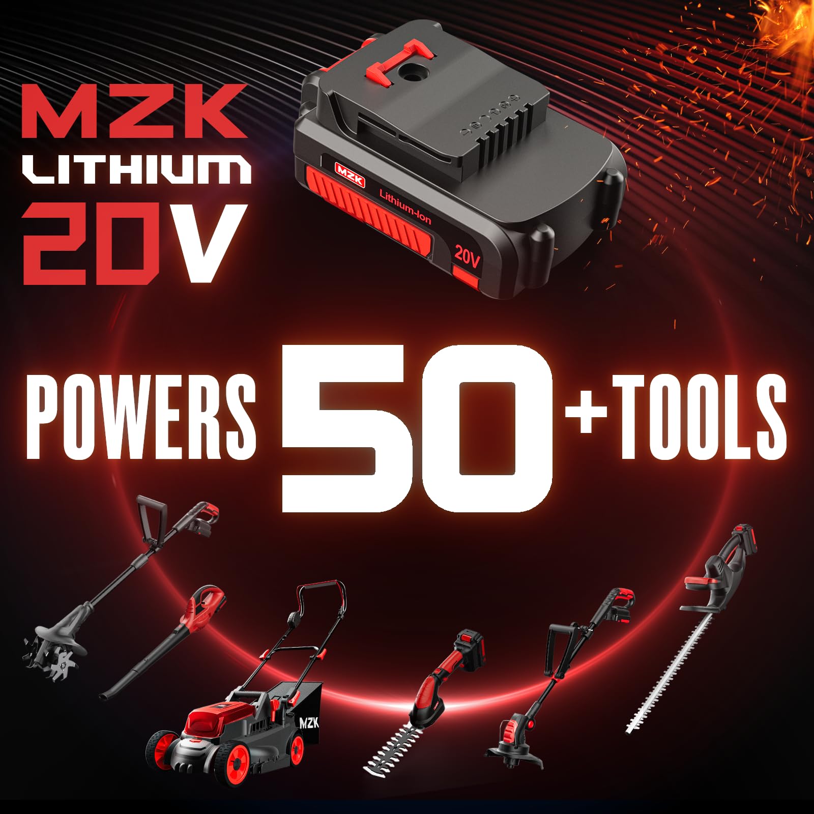 MZK 20V battery pack in use powers multiple tools.