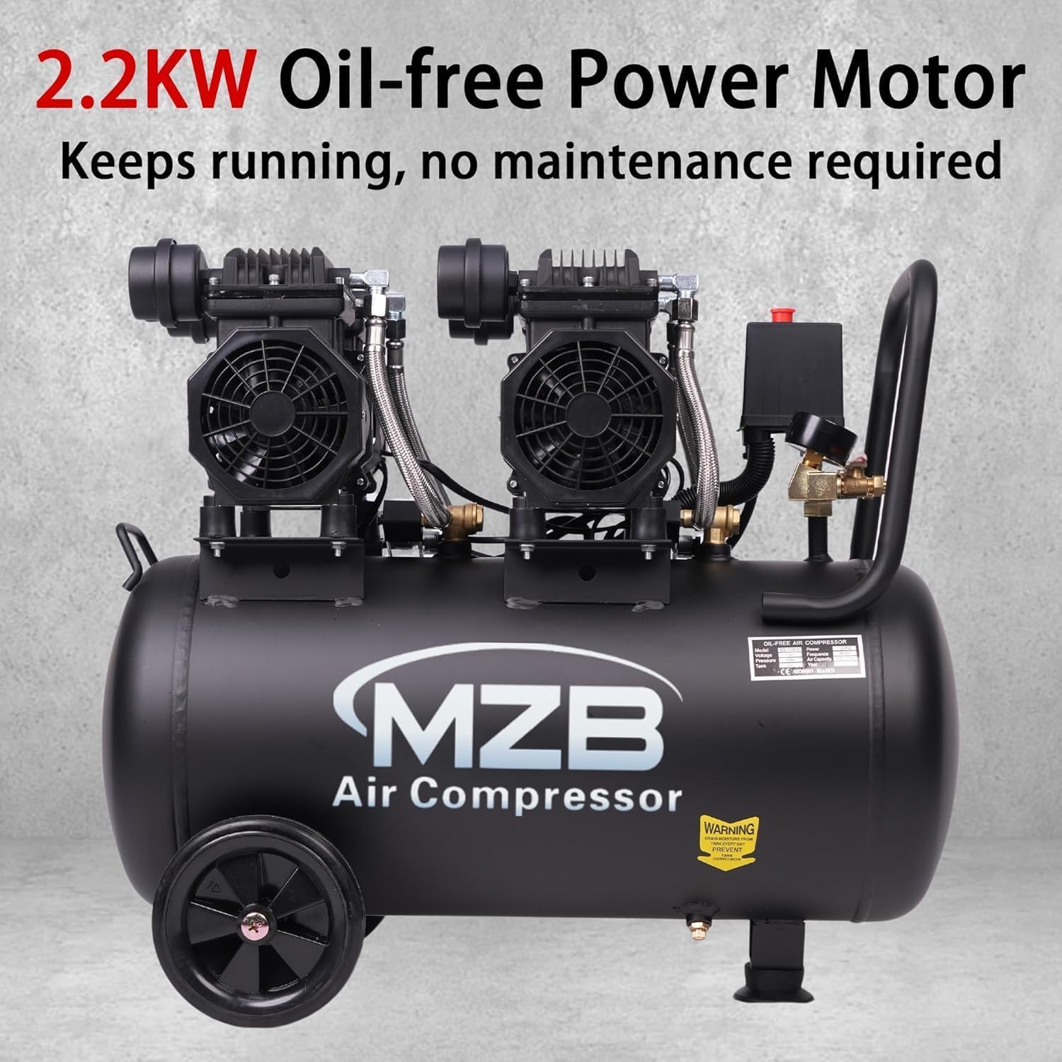 MZB air compressor with 72dB quiet operation for indoor use.