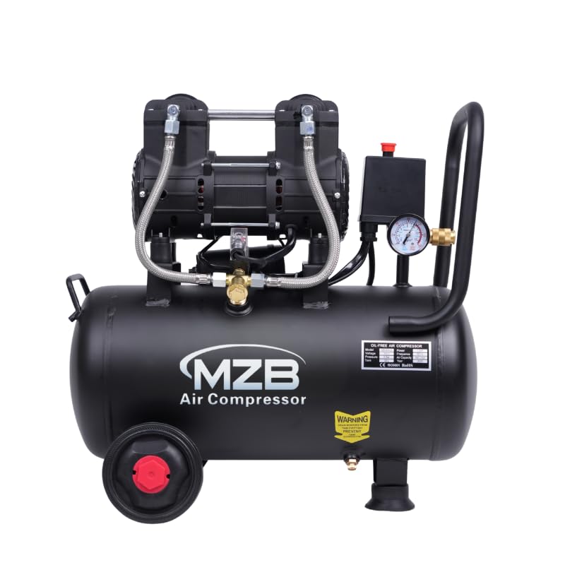 MZB ultra quiet air compressor front view with compact shop design.
