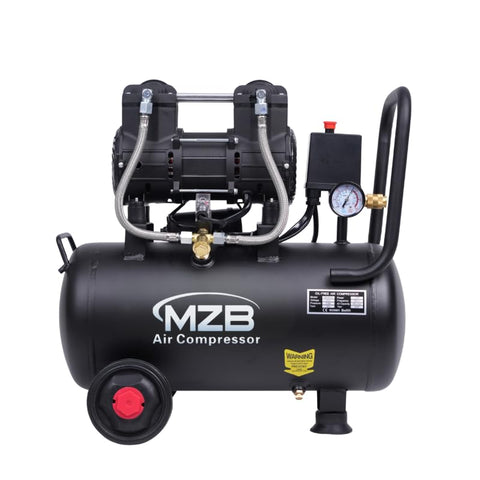 MZB ultra quiet air compressor front view with compact shop design.