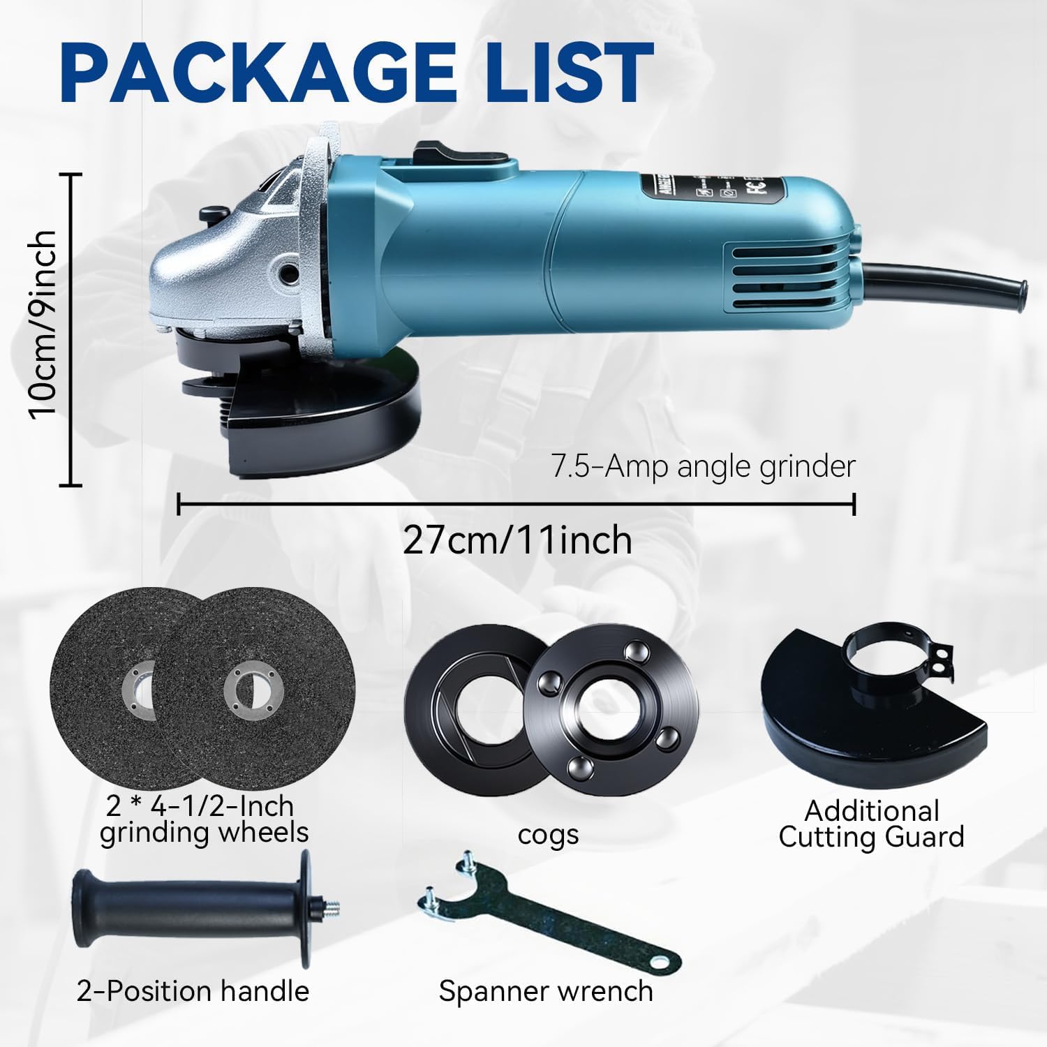MZG angle grinder featuring 11000 RPM no-load for efficient material removal.