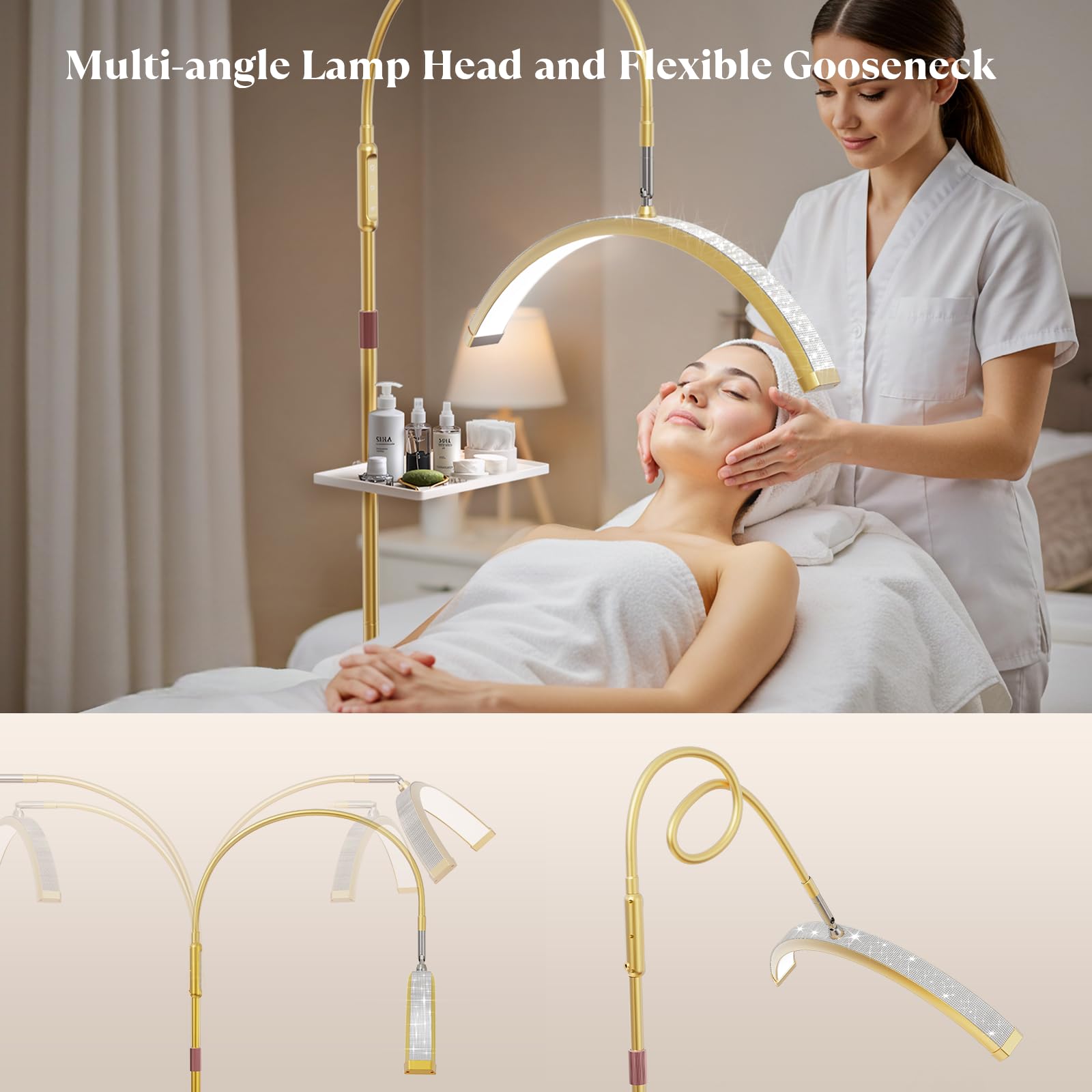 Mznoo height-adjustable stand lets you position lighting for comfortable sessions.