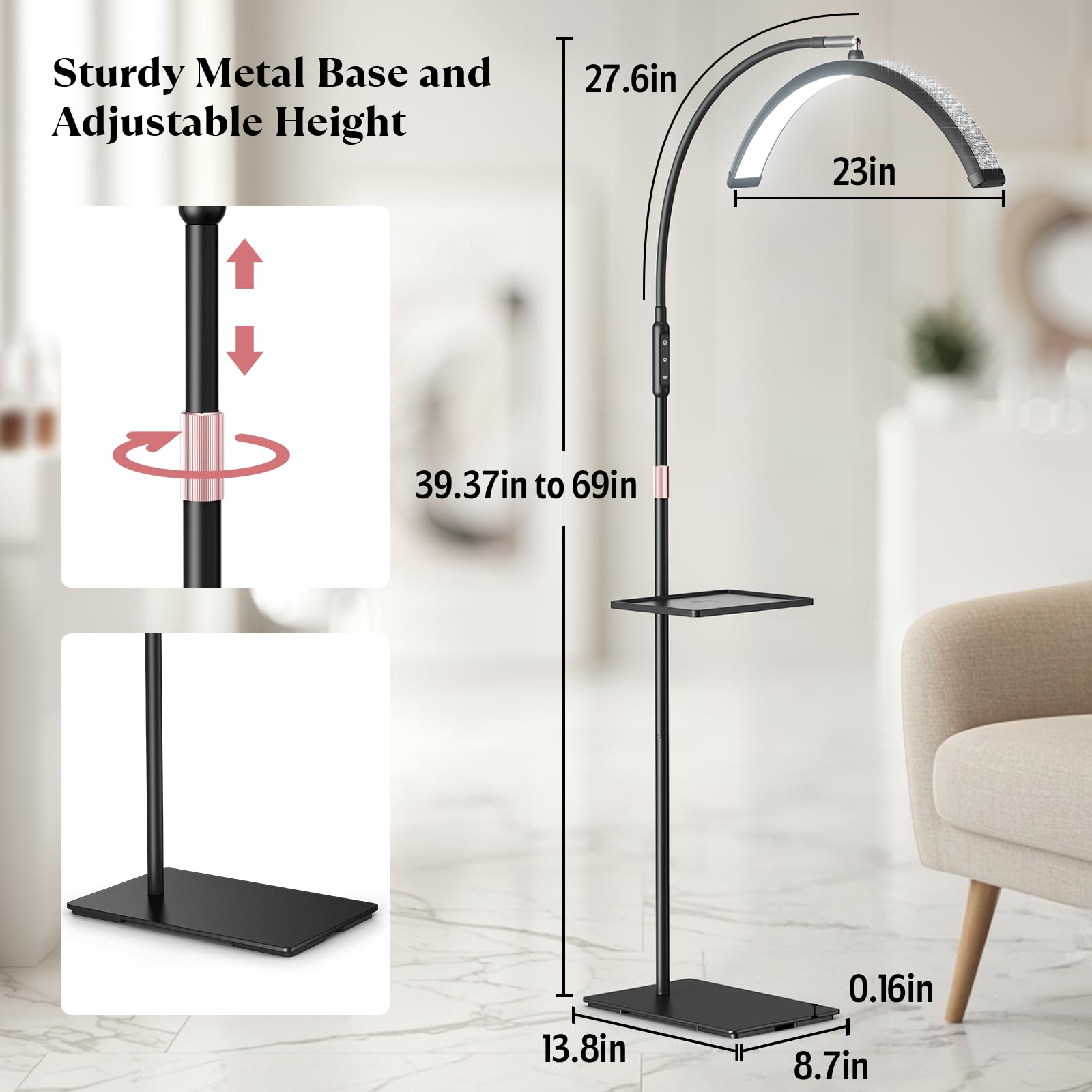 Mznoo Lash Light height adjustment supports flexible task positioning.