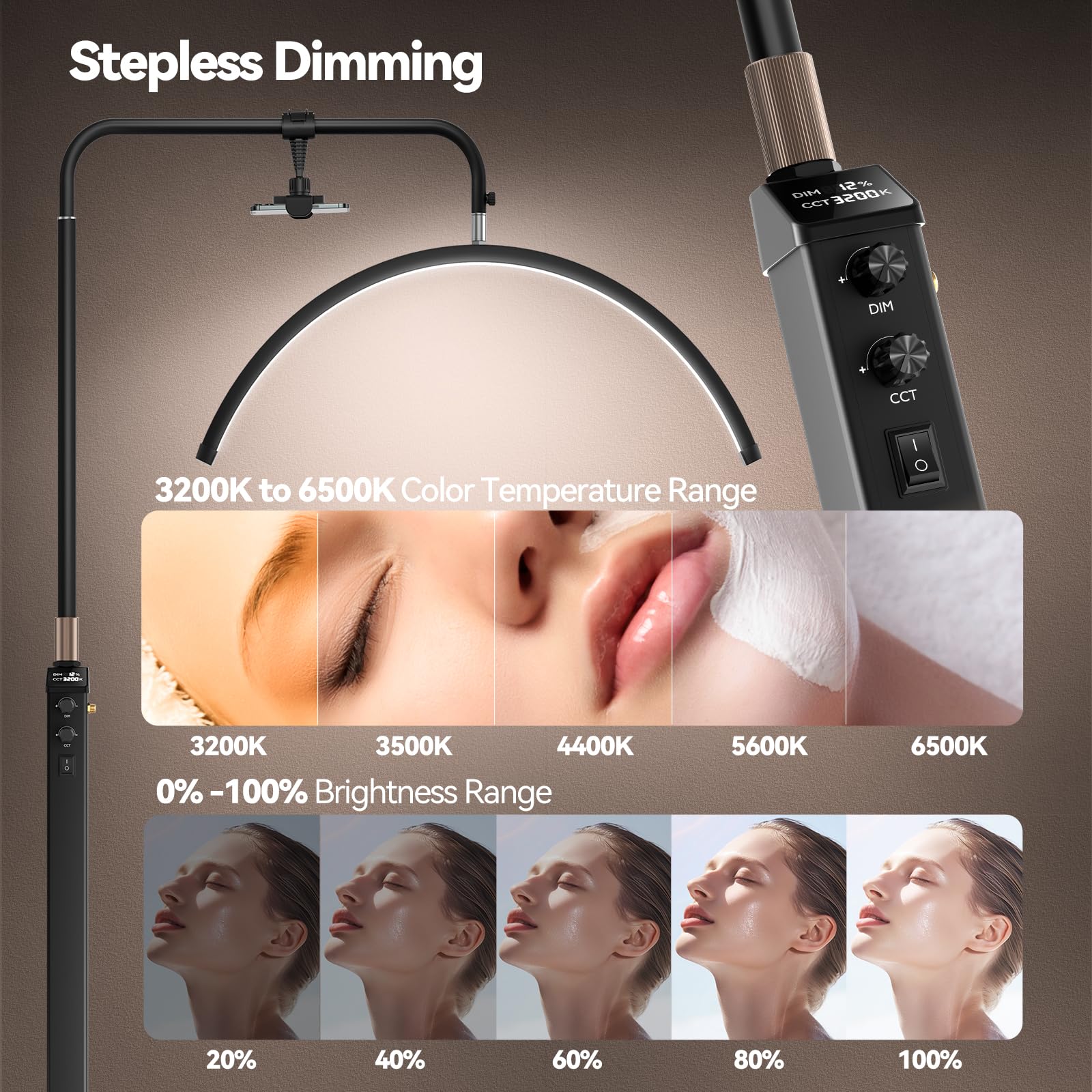Mznoo Lash Light with wheeled base allows easy repositioning between stations.