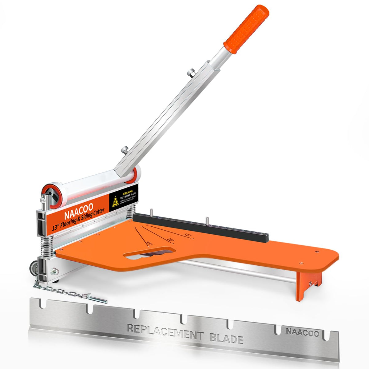 NAACOO laminate cutter demonstrates 13-inch width for wider plank cuts.