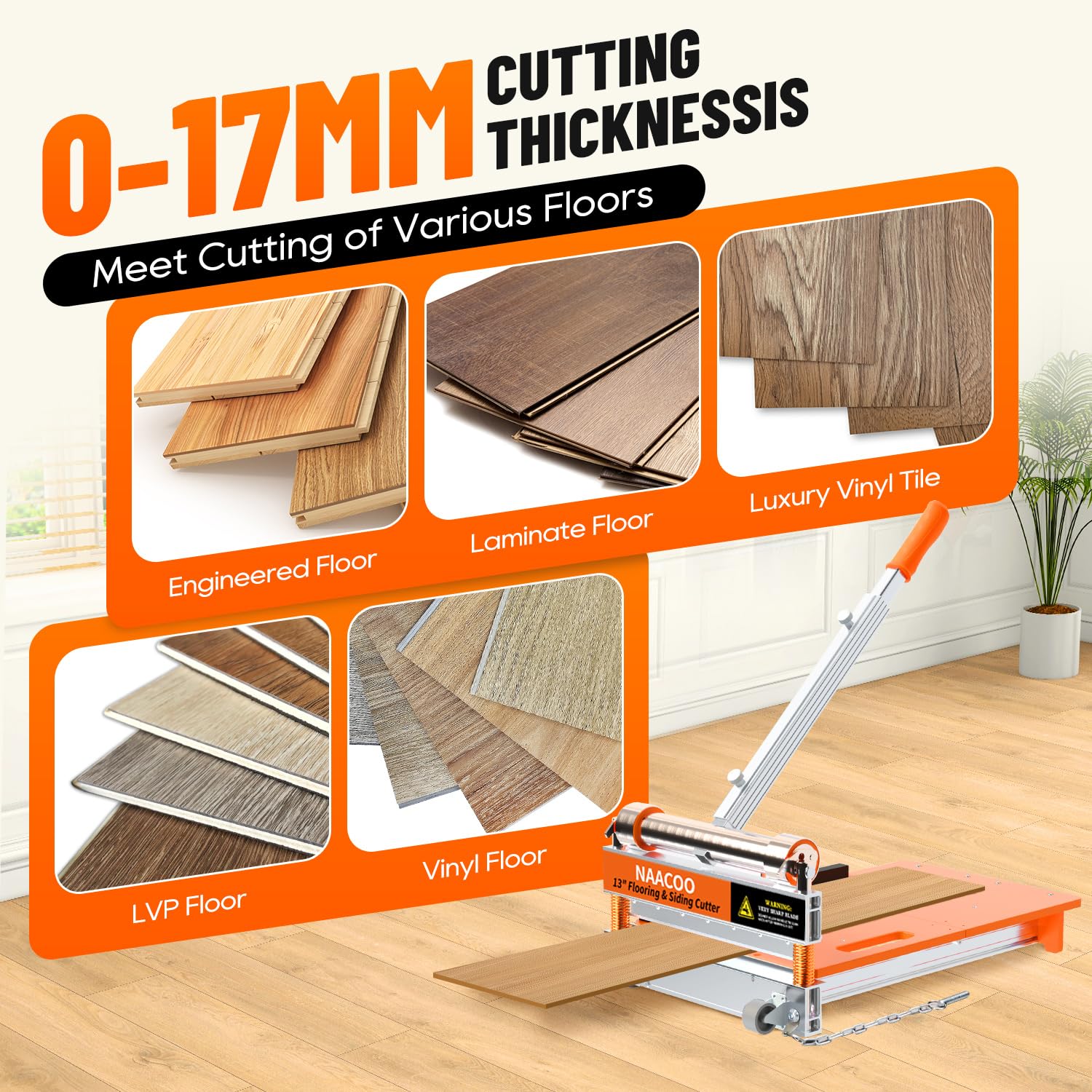 NAACOO floor cutter supports laminate, vinyl, LVP, SPC, and more.