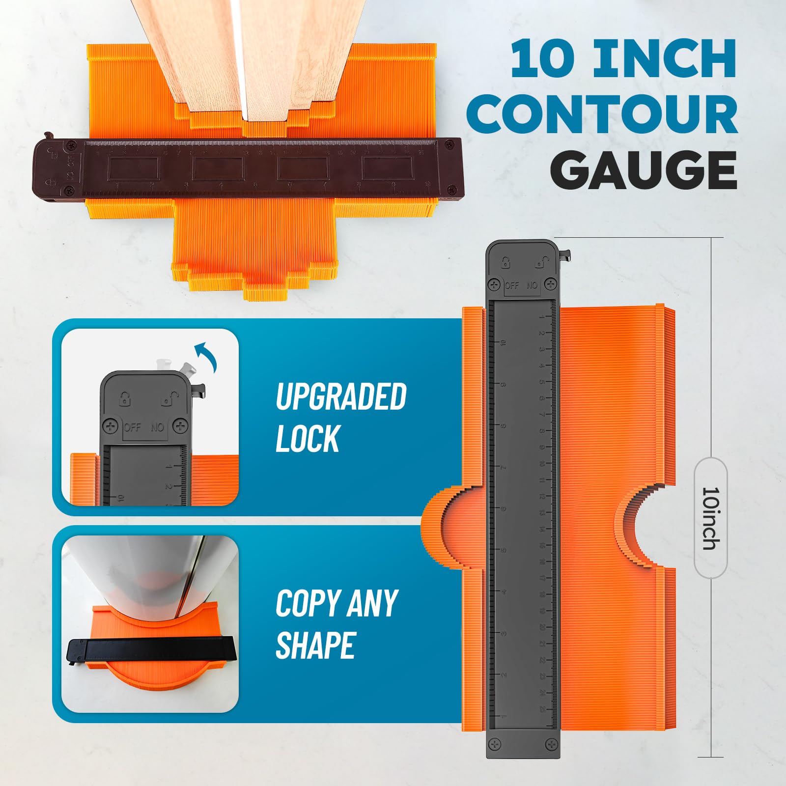 NAACOO contour gauge with lock copies irregular shapes for precise templates.